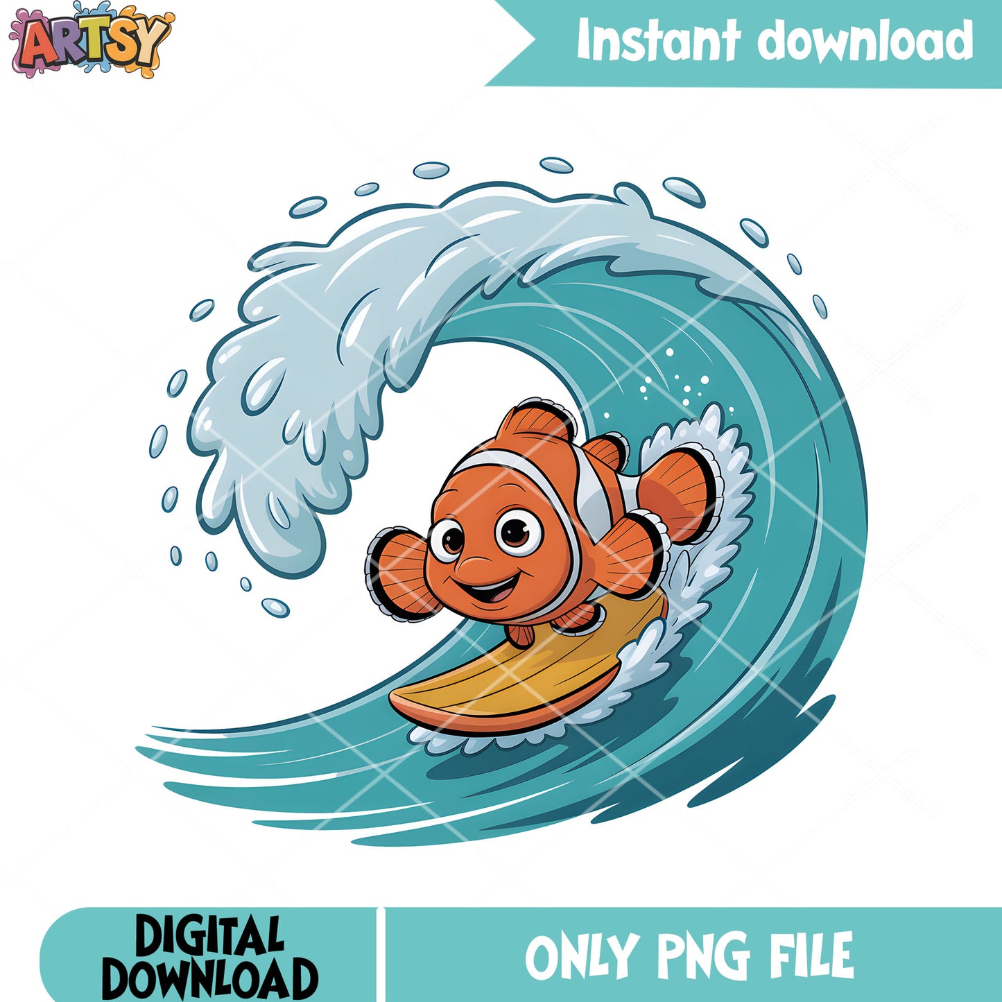 Clownfish surfing sticker png, disney sticker png, clownfish nemo png