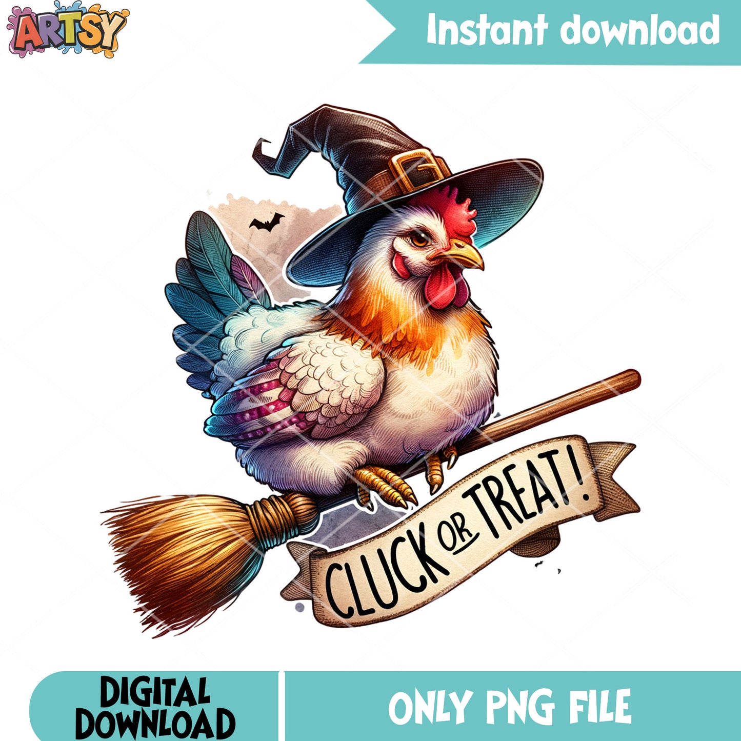Cluck or treat the rooster png, witch hat png, halloween scary png