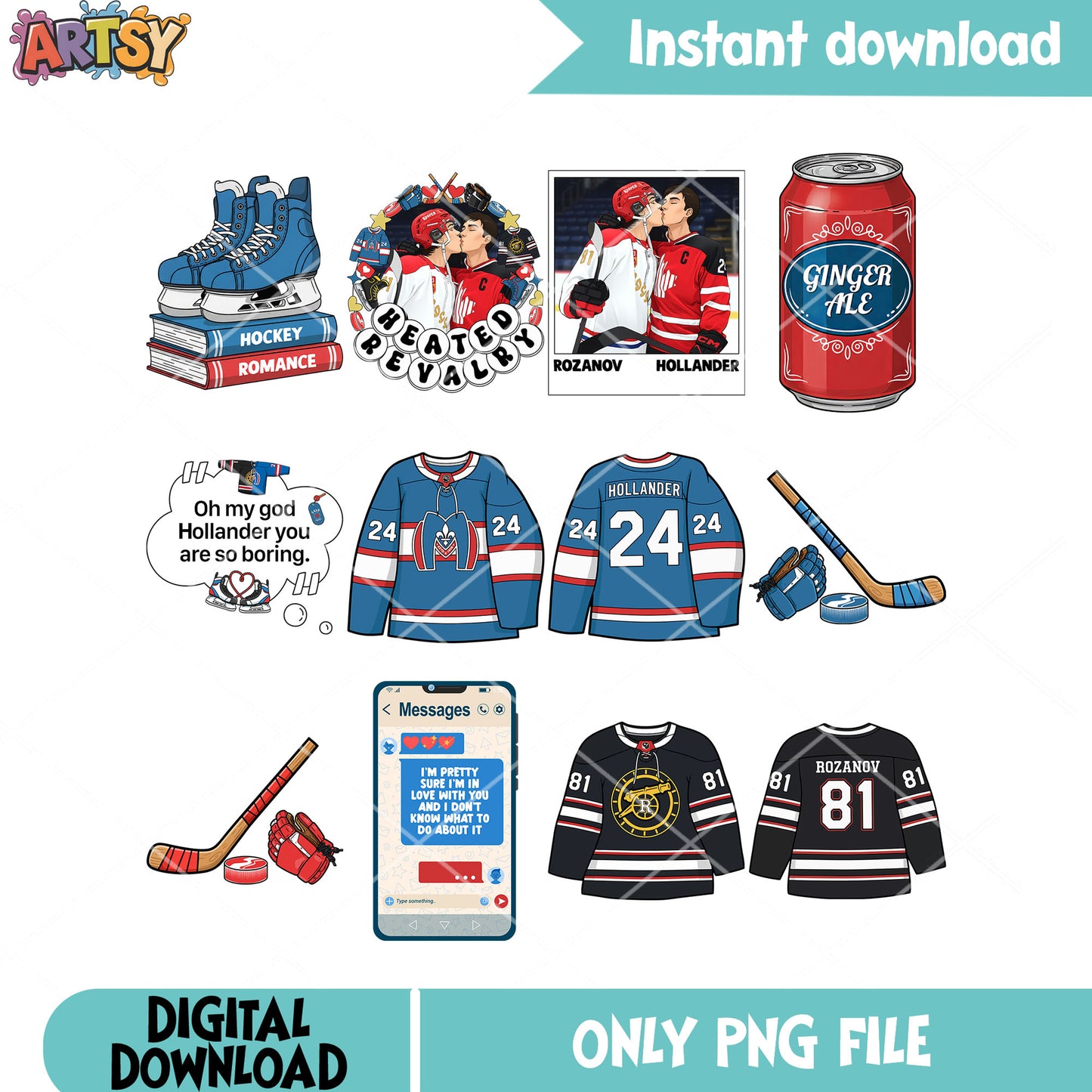 Collection hockey gifts png bundle, romance hockey png, lgbt movies png