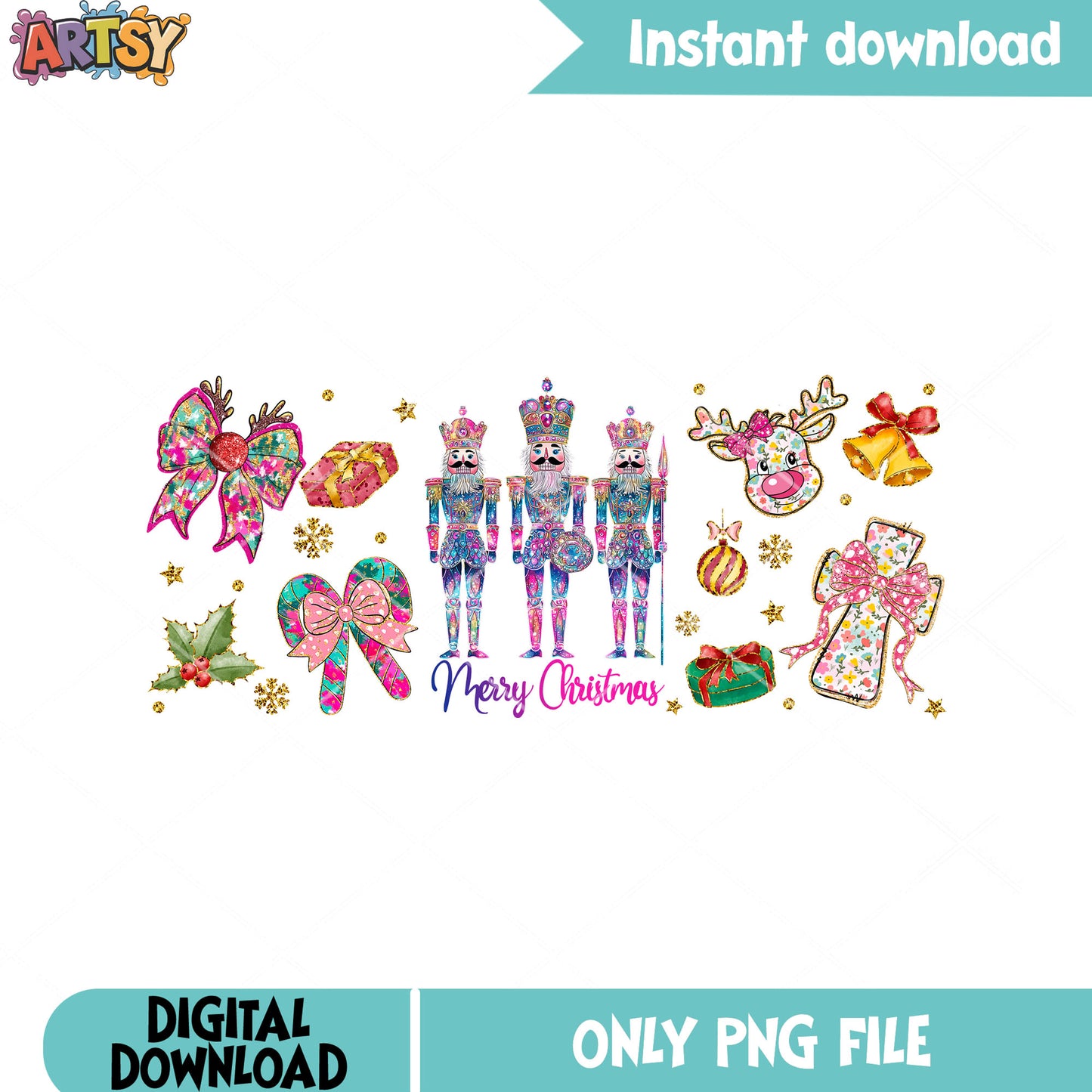 Colorful Nutcracker xmas png, jingle bell png, christmas bow png