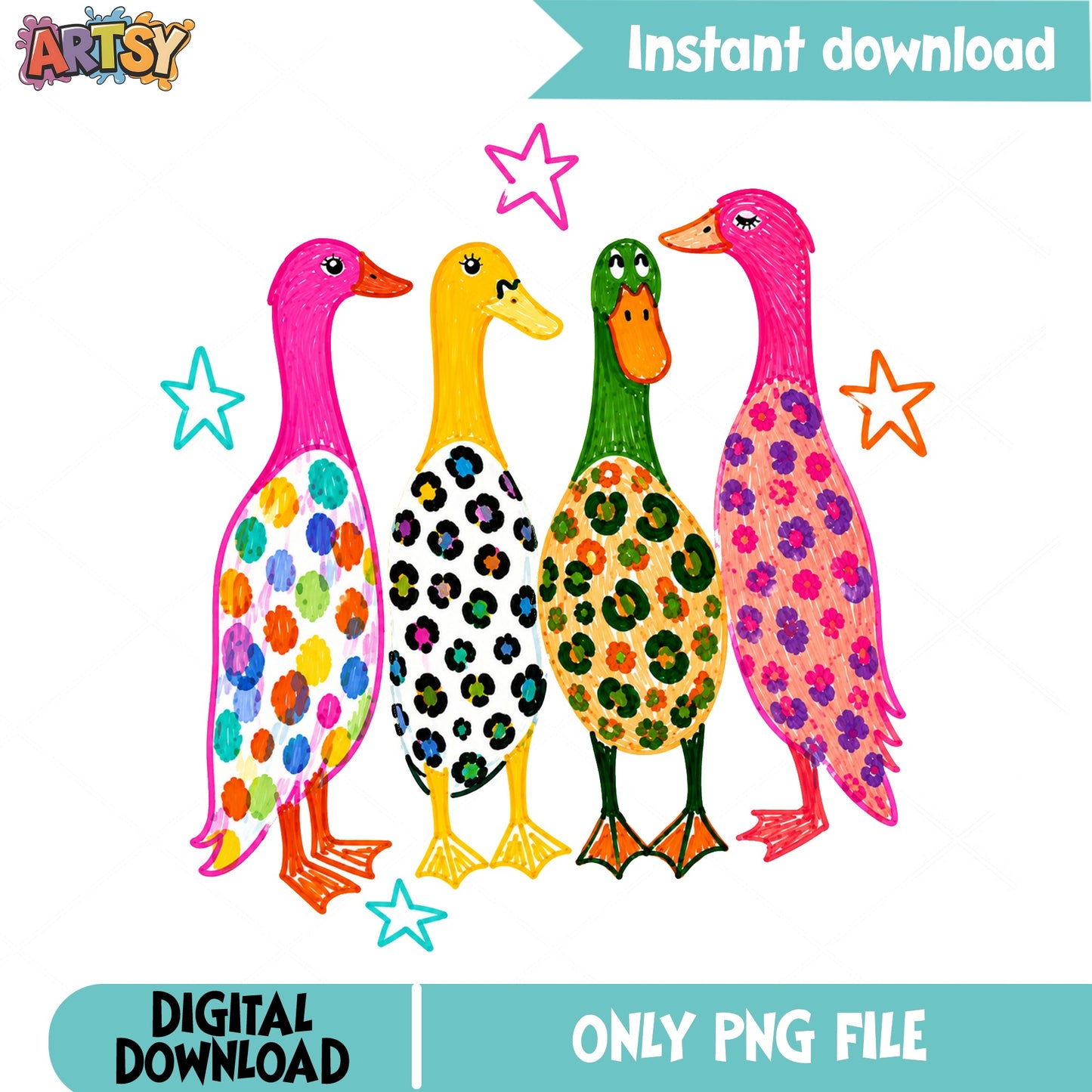 Colorful Floral Pattern Ducks PNG, Cute Duck Squad PNG, Funny Duck PNG