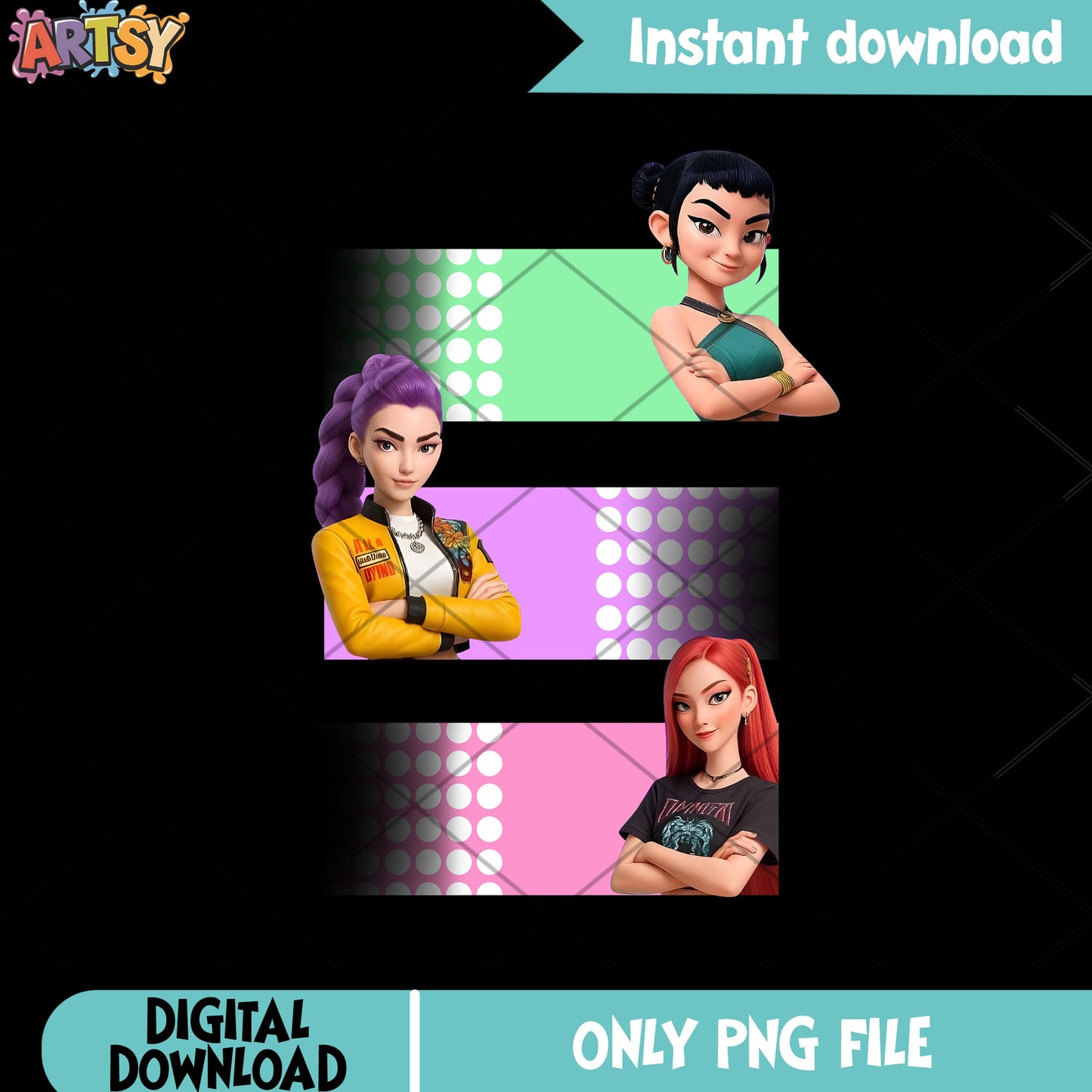 Color sign huntrix band png, huntrix member png, kpop hunters png
