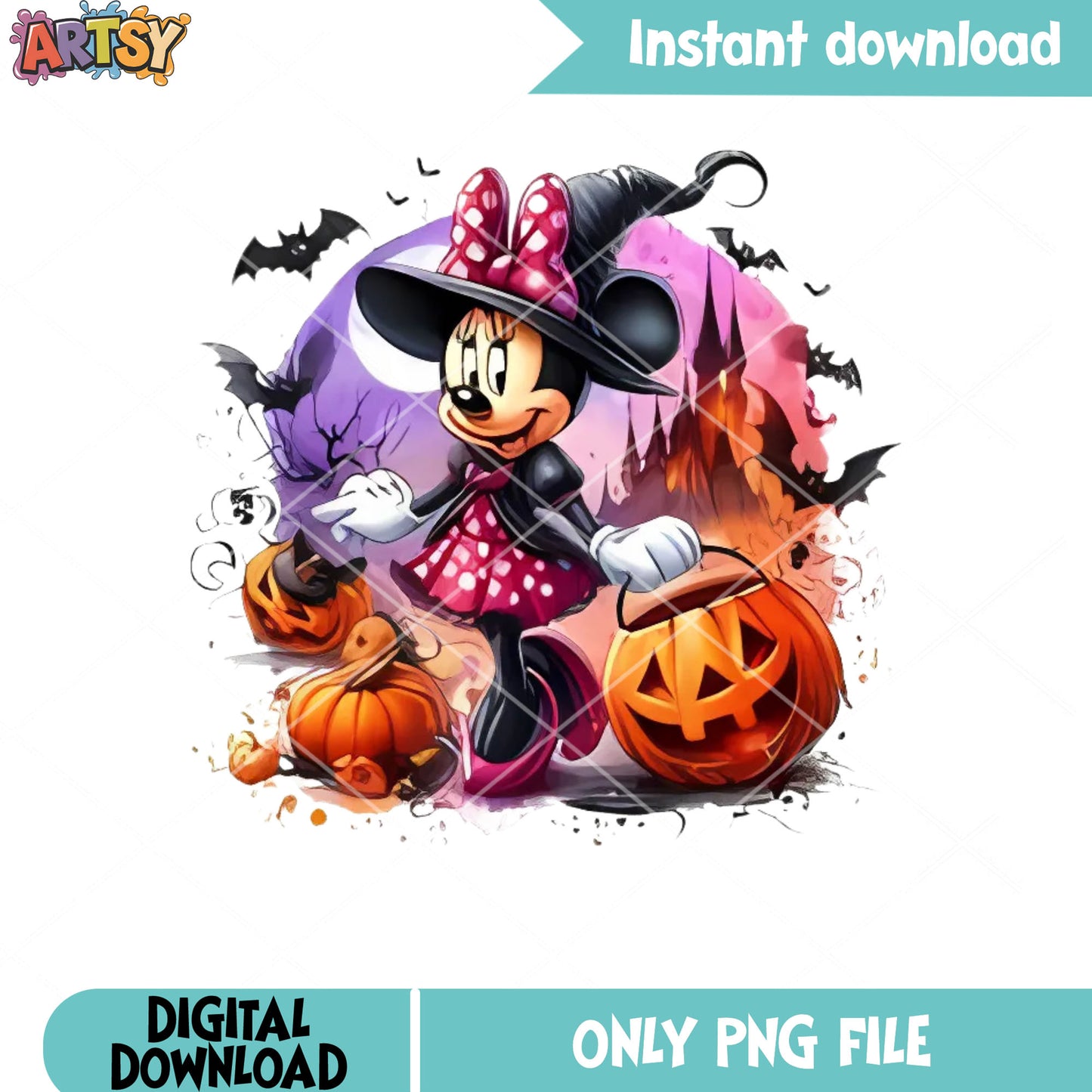 Costume witch minnie scary png, spooky castle png, jack o lantern png