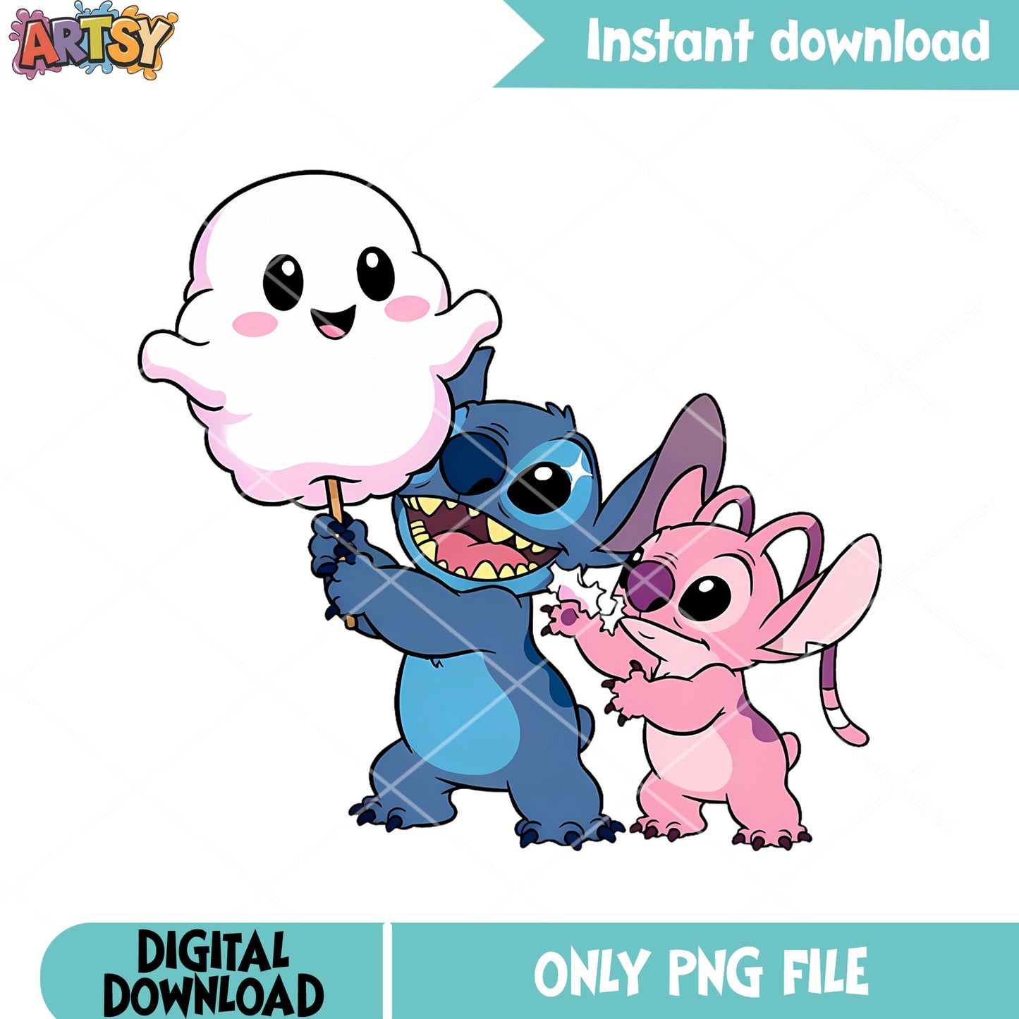 Couple stitch and angle png, cloud candy png, disney halloween png