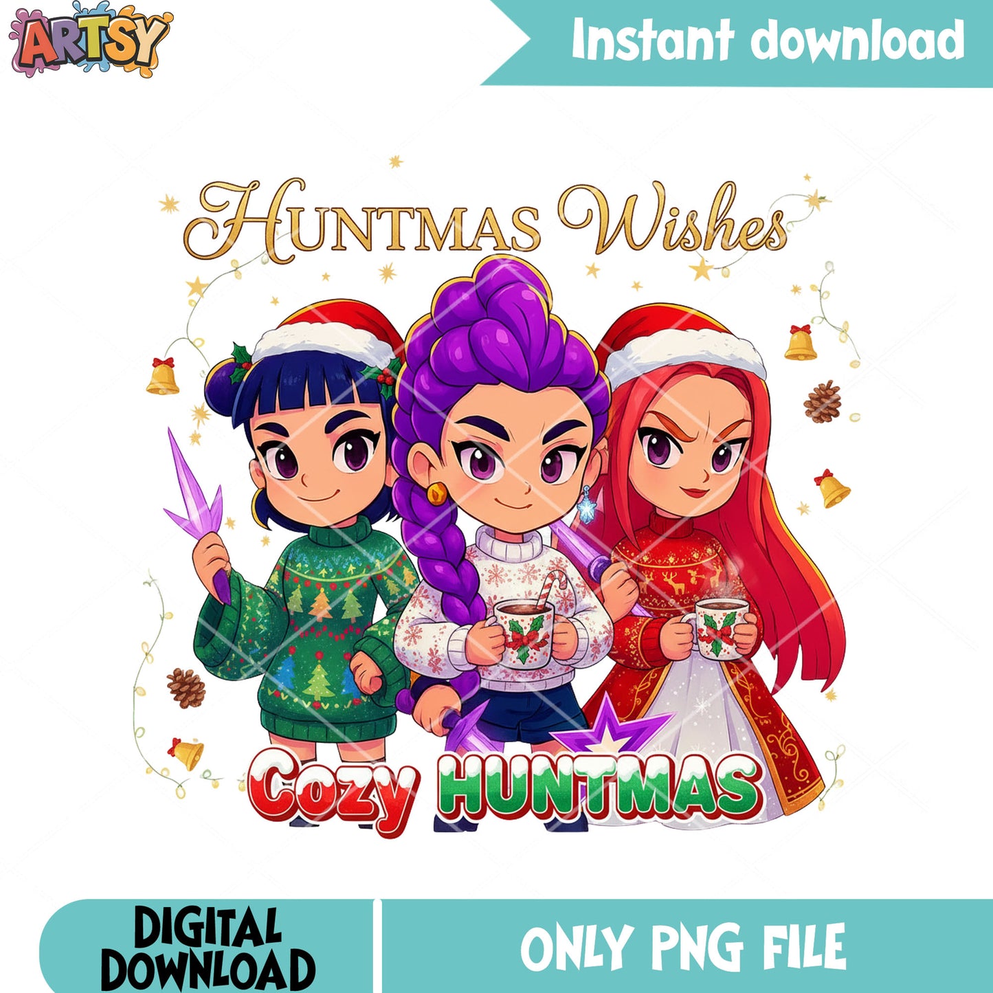 Cozy huntmas withes png, kpop demon hunters png, sweater christmas png