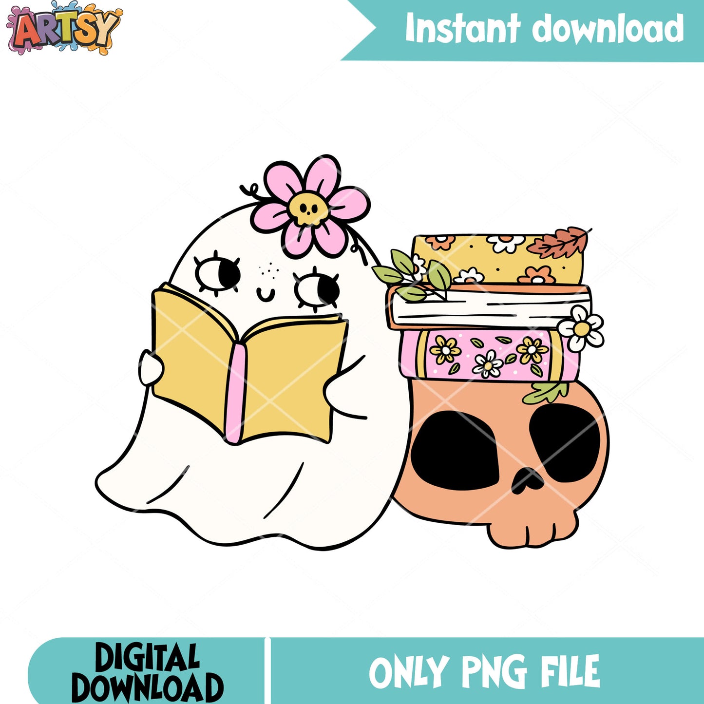 Creepy ghost read books png, skull skeleton png, halloween scary png