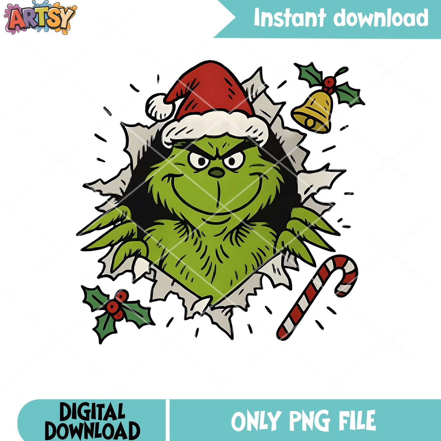 Creepy grinch jingle bell png, merry christmas png, santa hat png