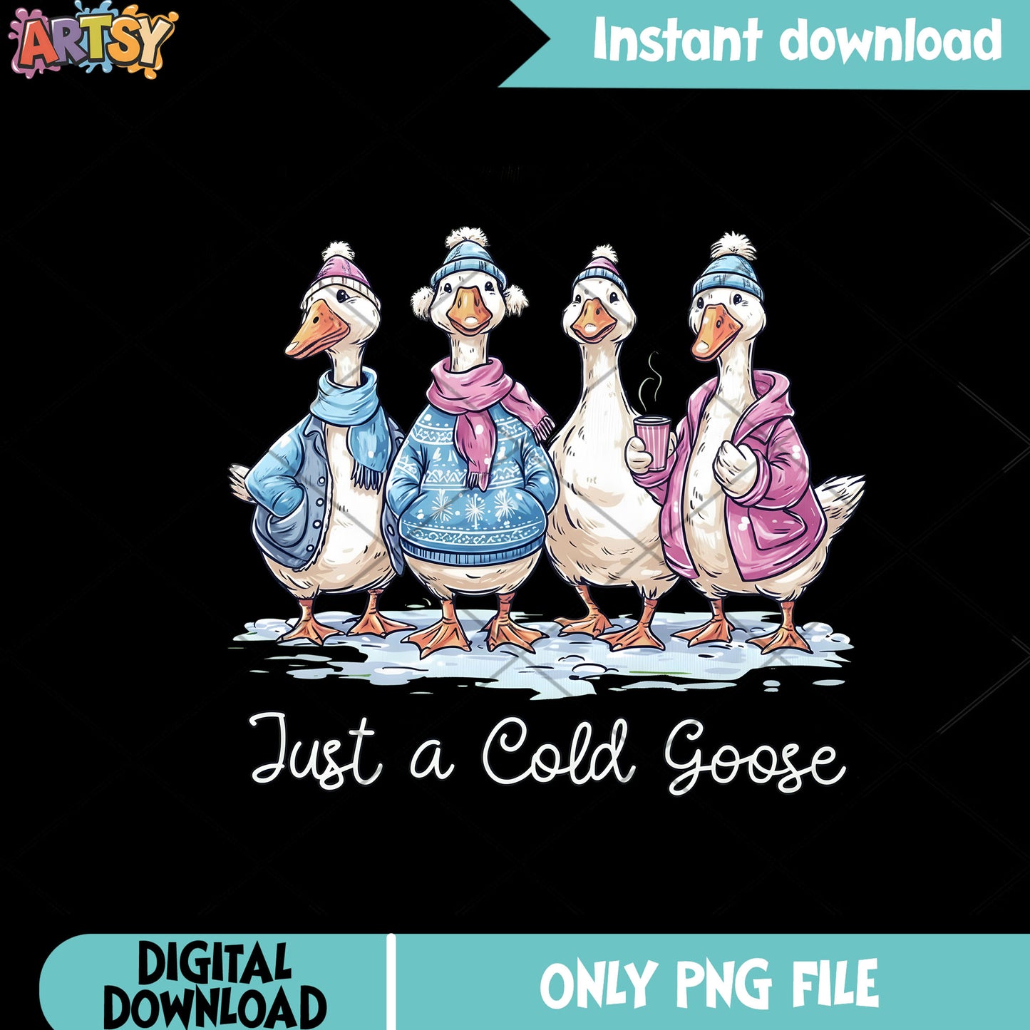 Crew cold goose winter png, winter sweater png, hot chocolate png