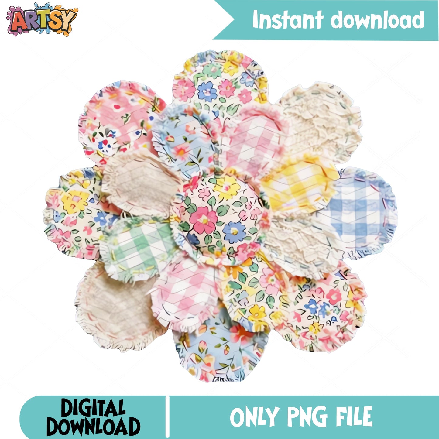 Crochet Floral Patchwork Flower PNG, Cottagecore PNG, Spring PNG