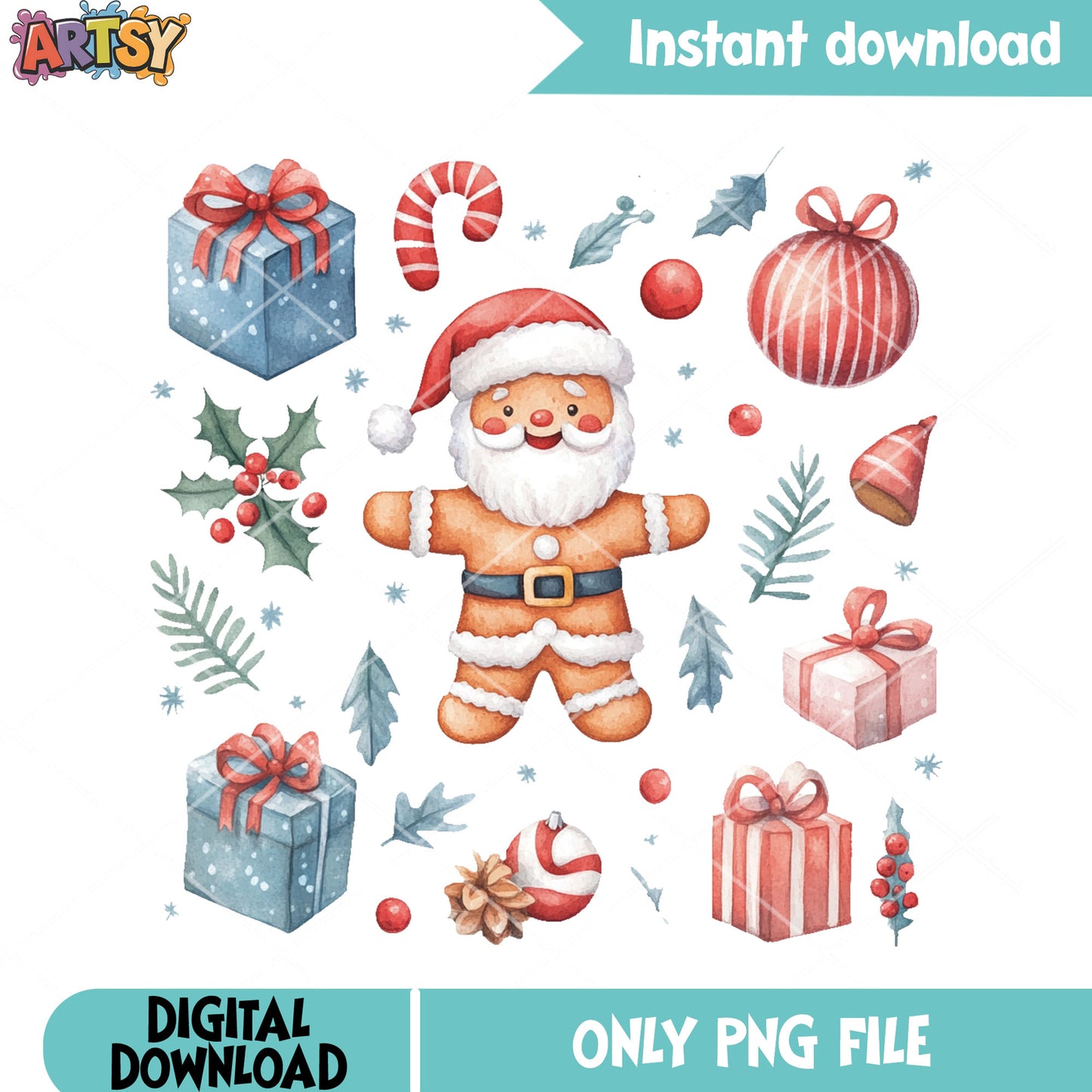 Cute Gingerbread santa png, christmas gifts png, merry xmas png