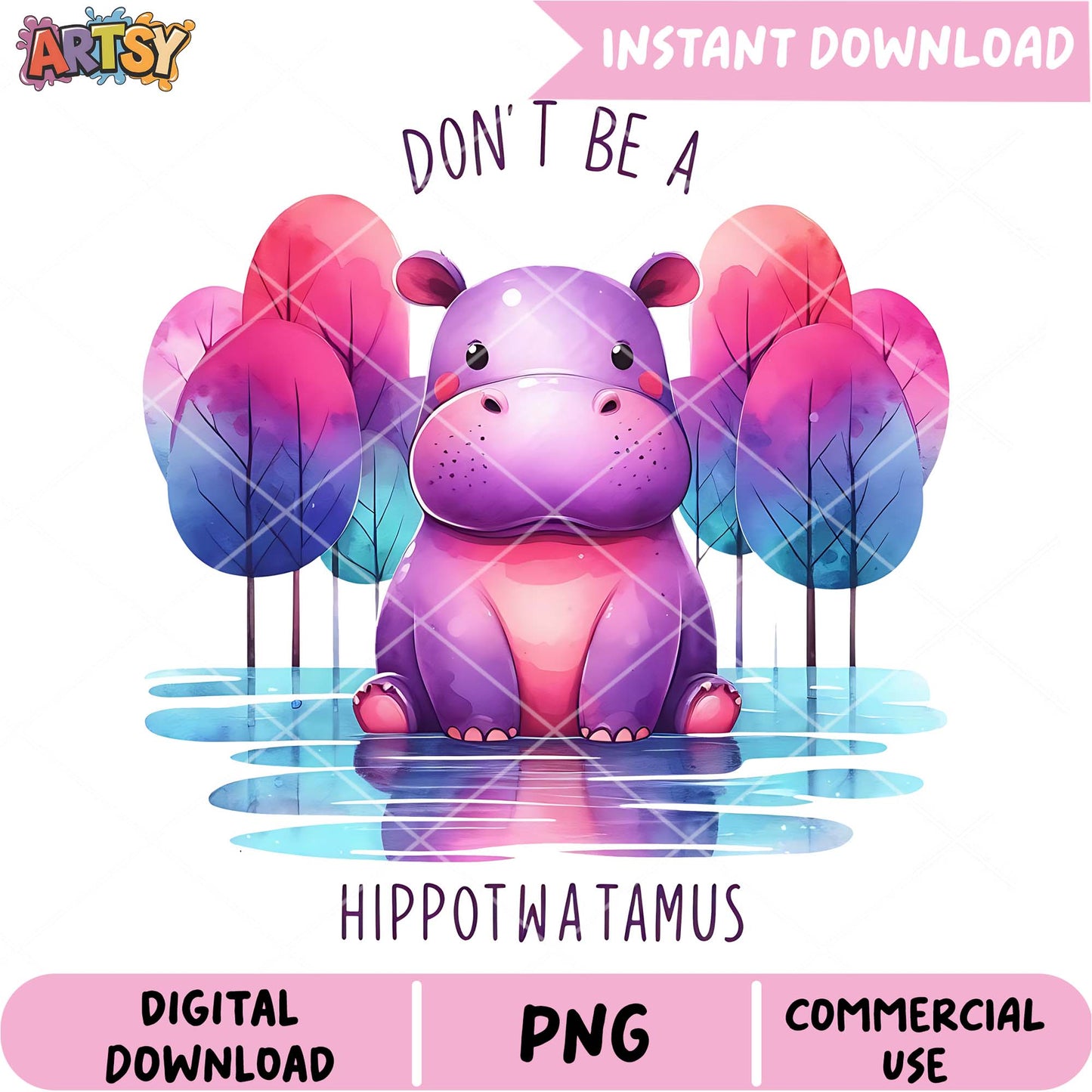 Cute Hippo PNG Instant Download