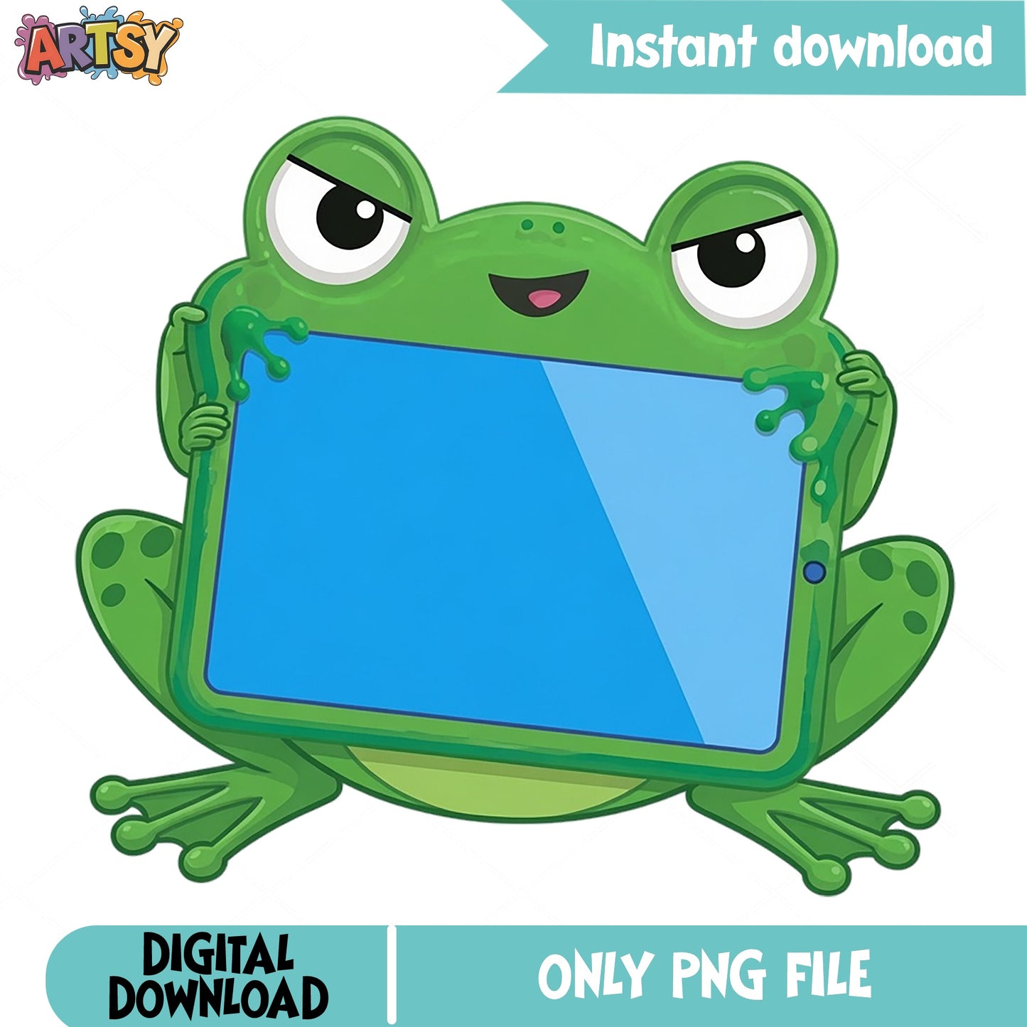 Cute Frog Holding Tablet PNG, Funny Frog Clipart, Frog PNG