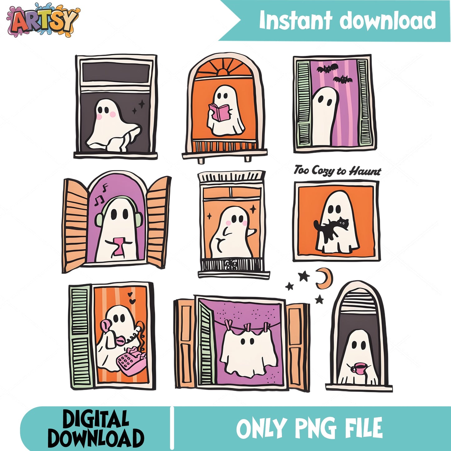 Cute Ghost Window Bundle PNG, Halloween Ghost Clipart, Too Cozy To Haunt PNG