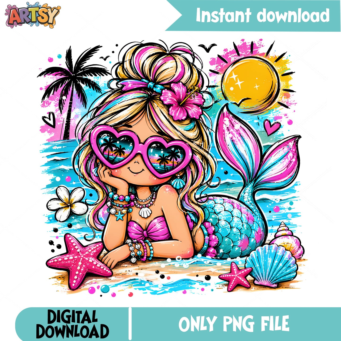 Cute Mermaid Summer Beach PNG, Mermaid Girl PNG, Ocean PNG