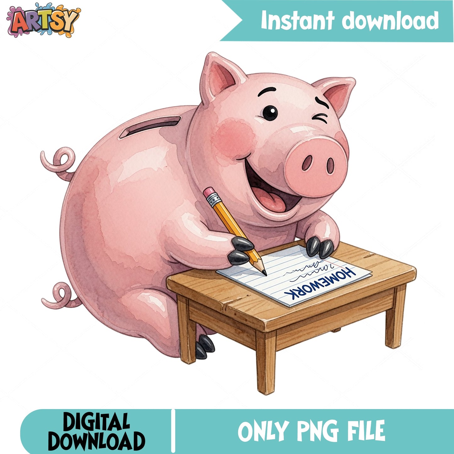 Cute Pig Doing Homework PNG, Funny Pig Clipart, School PNG