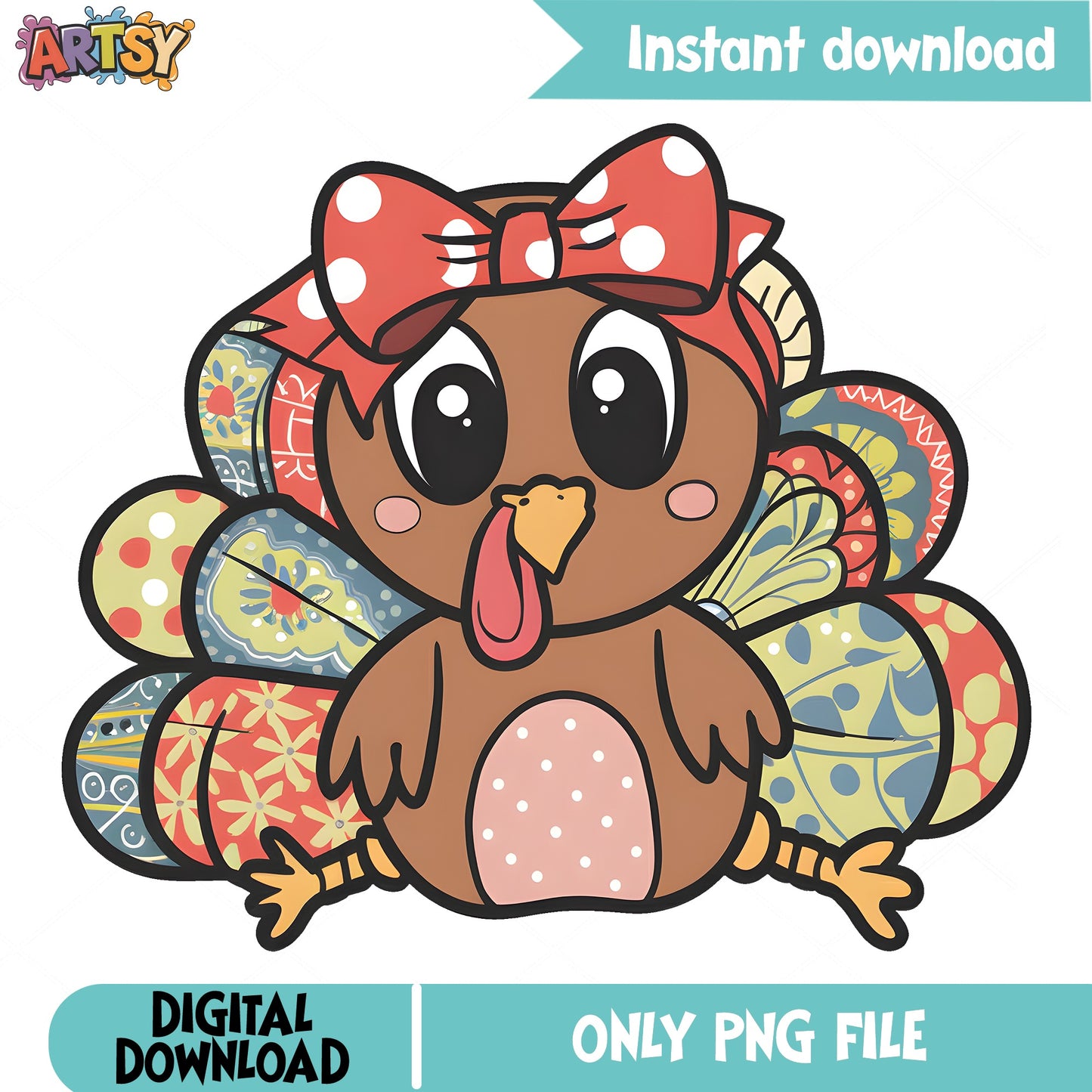 Cute Turkey Girl With Bow PNG, Thanksgiving Turkey PNG, Fall PNG