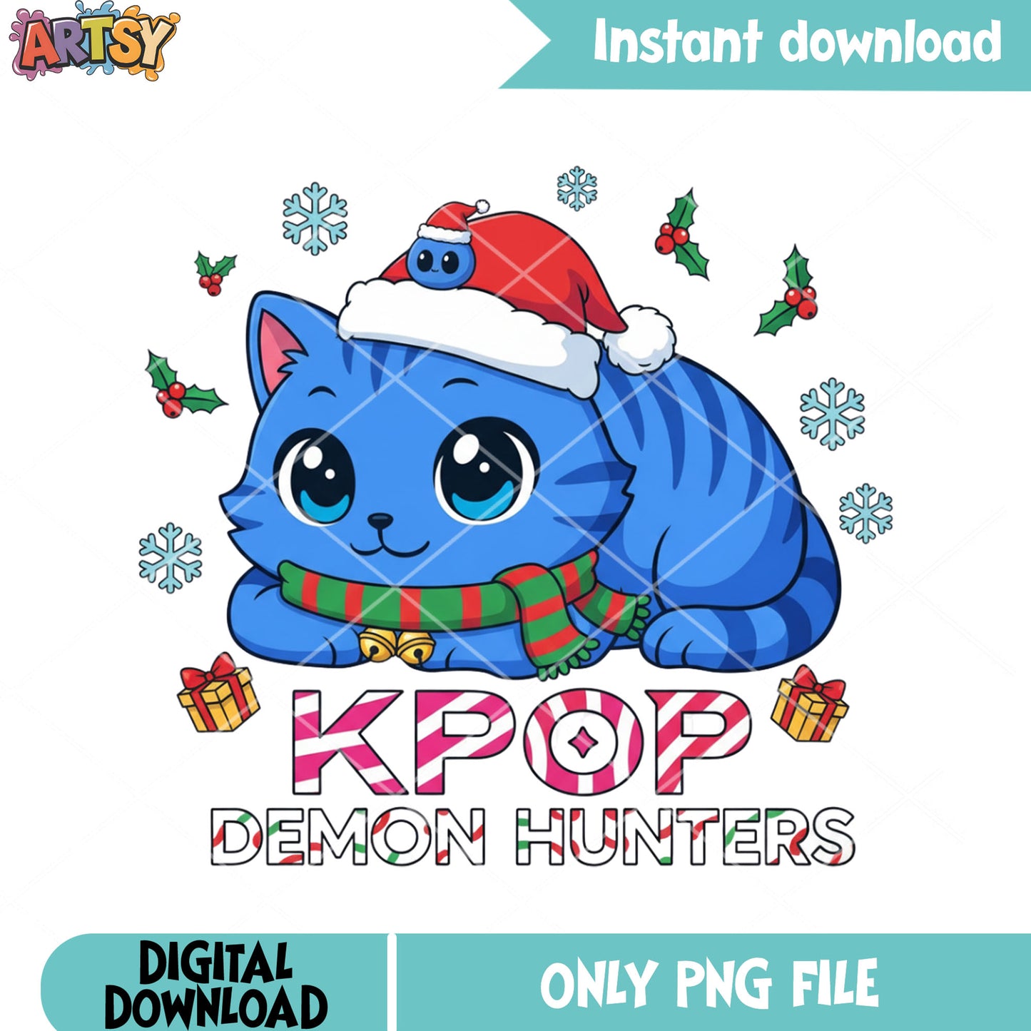 Cute blue derby cat png, kpop demon hunters png, christmas gift png