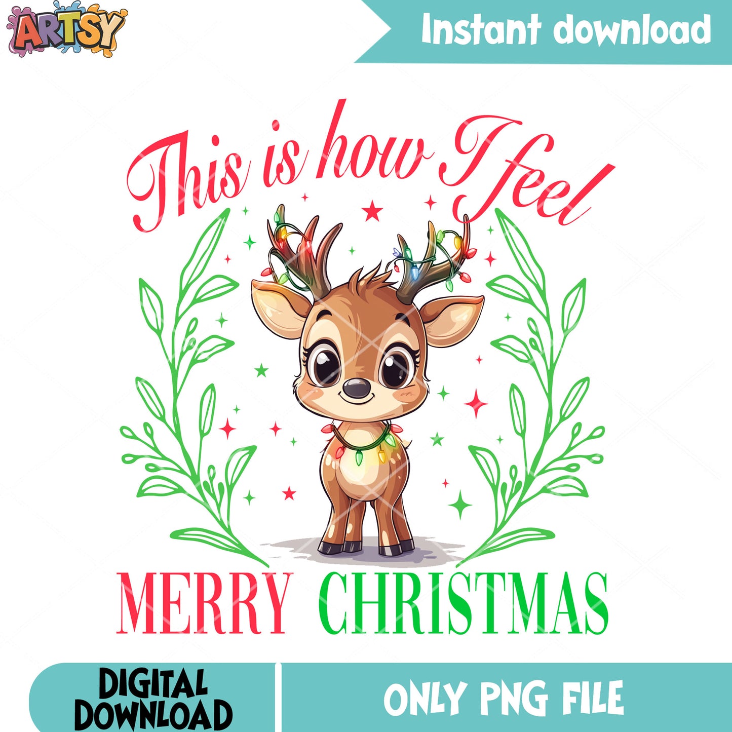 Cute reindeer christmas poster png, christmas lights png, noel png