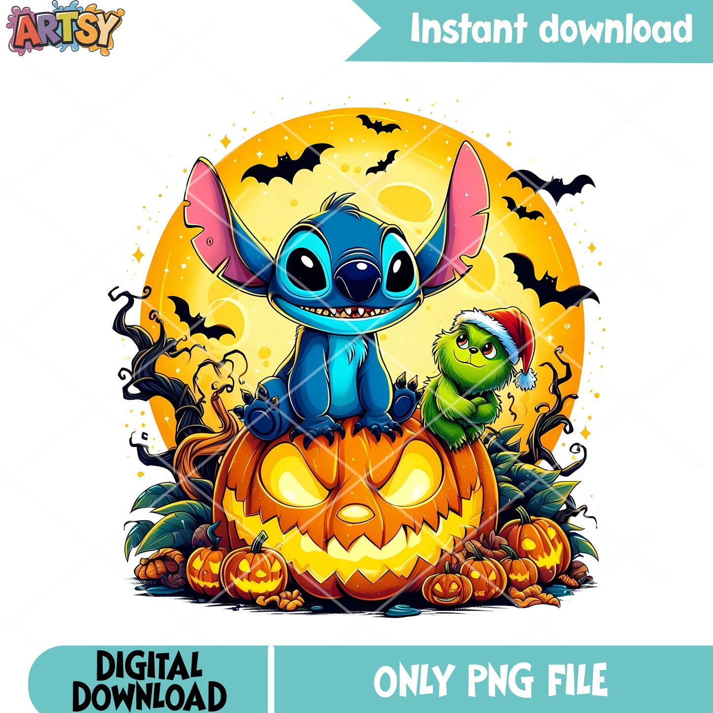 Cute stitch scary bats png, wicker pumpkin png, spooky halloween png
