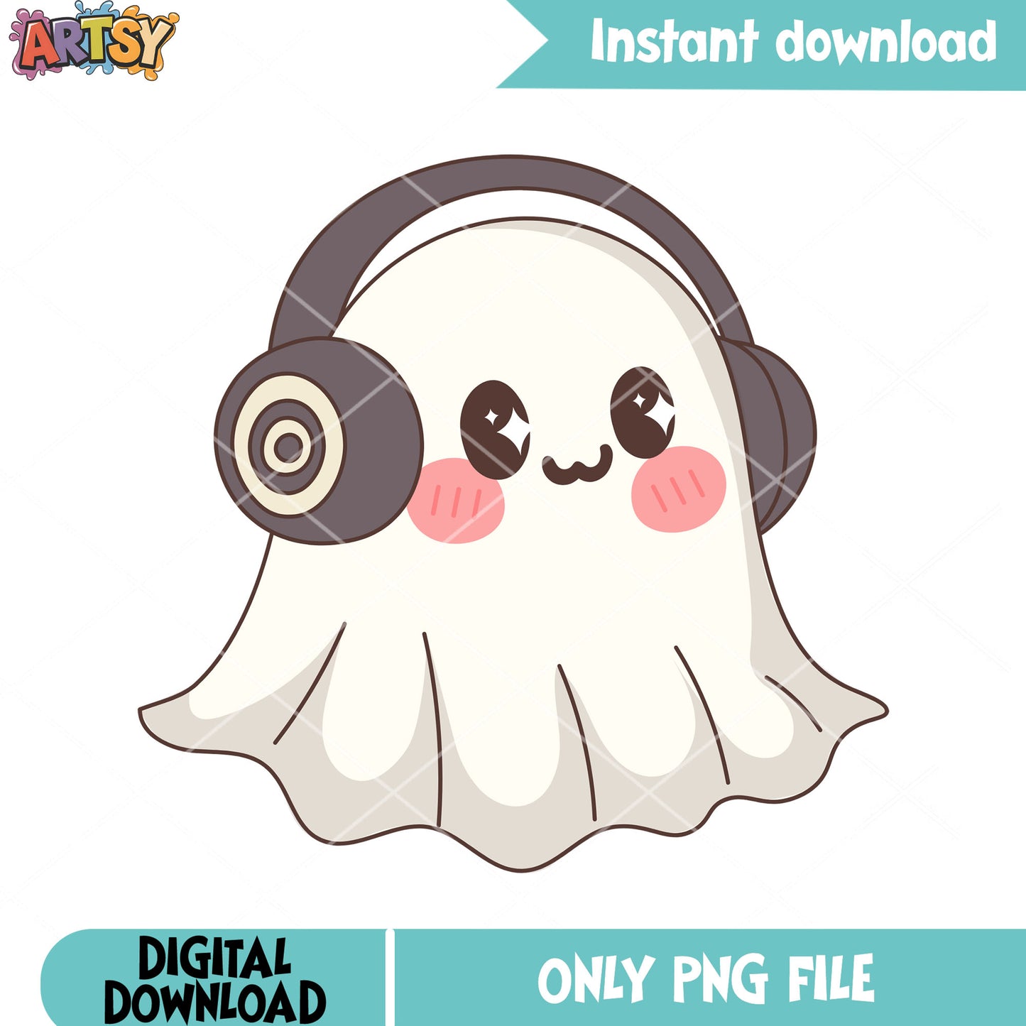 Cutie pink cheek ghost png, headphone png, halloween scary png