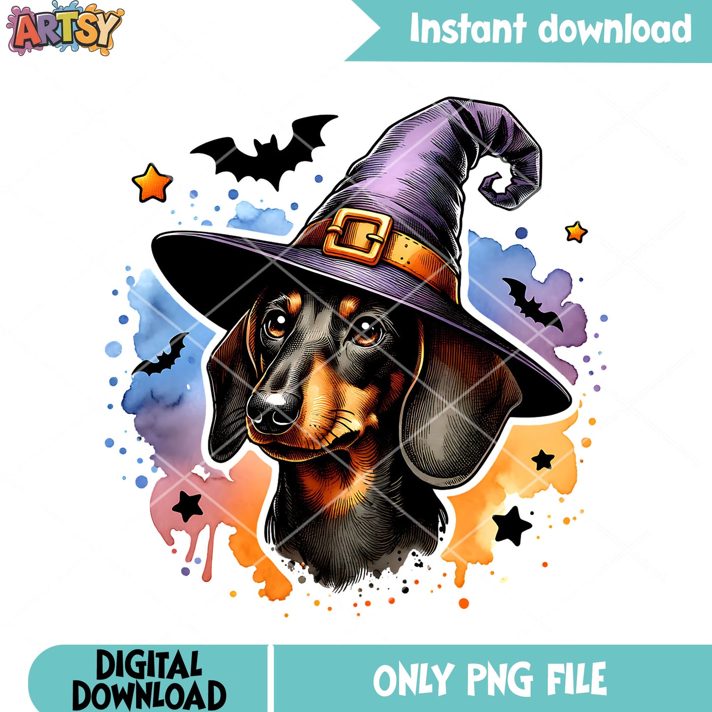 Dachshund scary bats png, witch hat png, halloween scary png