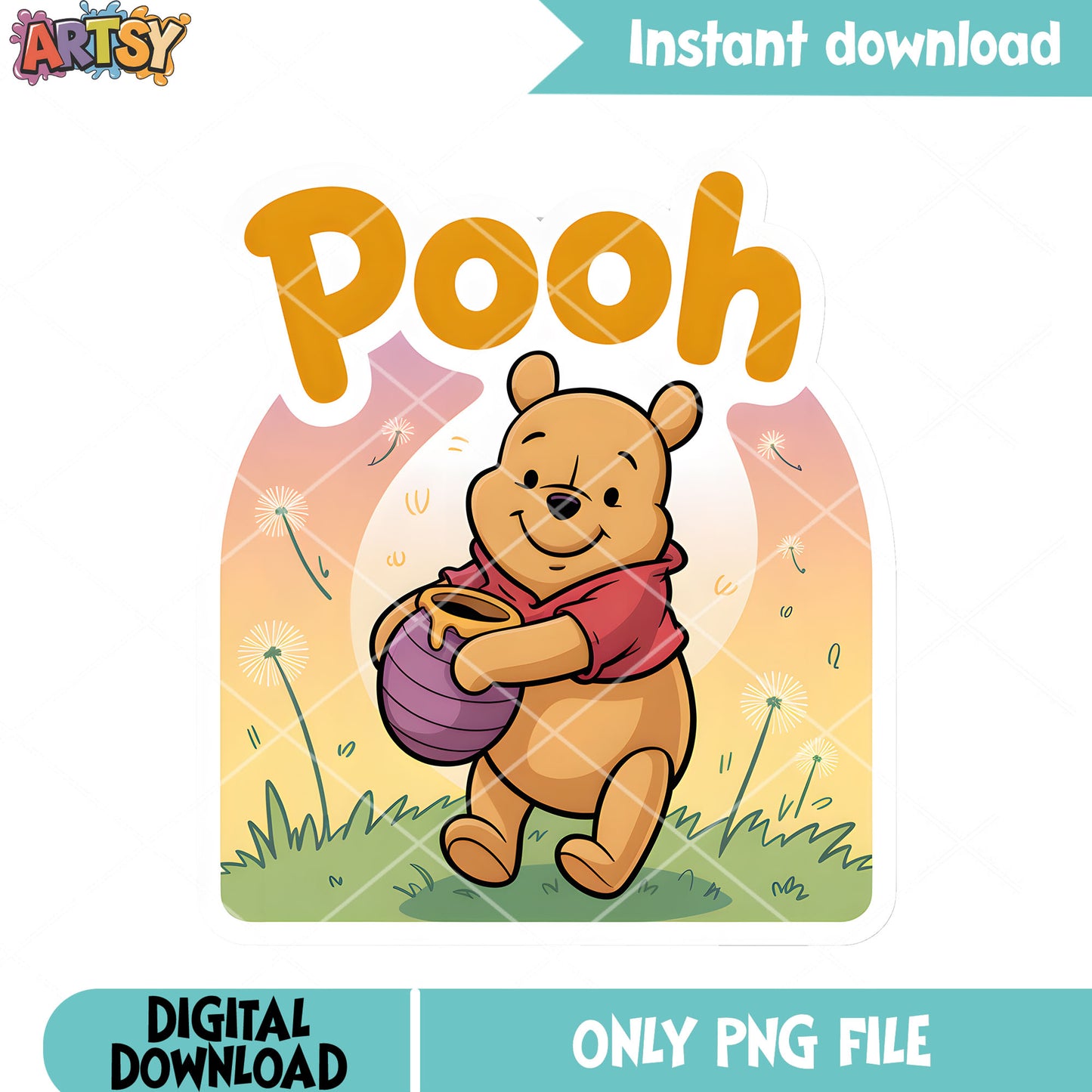 Dandelion field pooh poster png, winnie the pooh png, disney stickers png