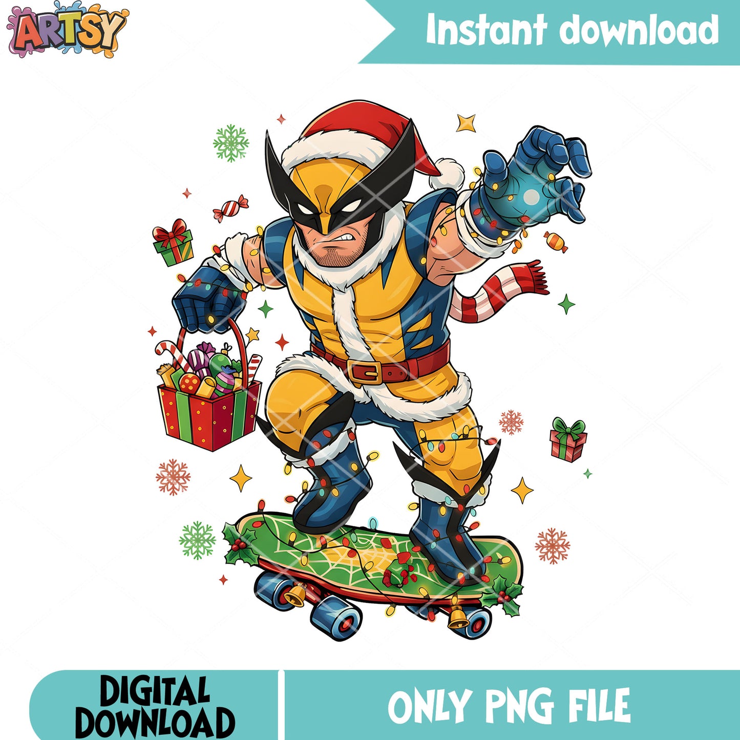 Dc comic christmas png, wolverine png, christmas present png