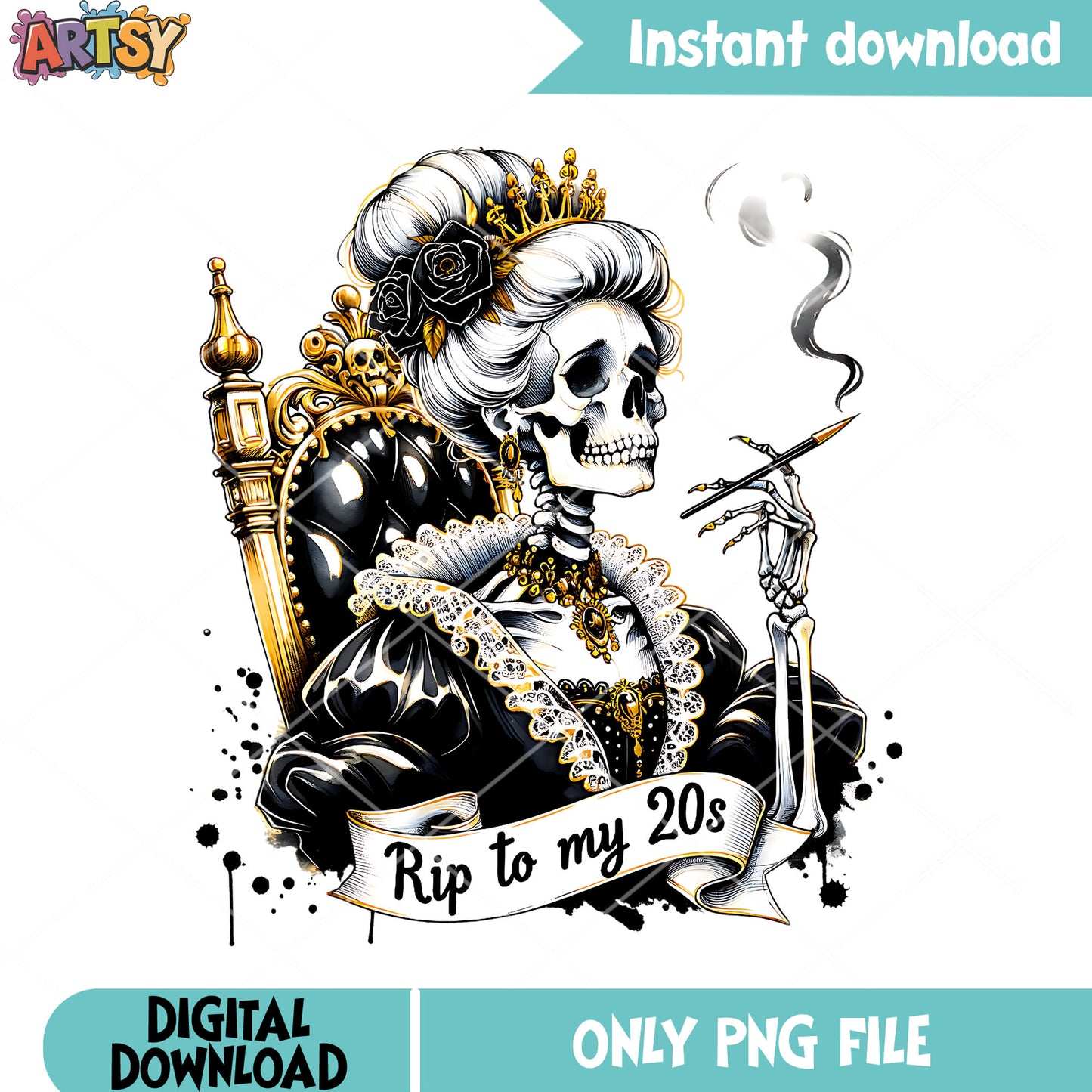 Dead Queen on the fancy chair png, skeleton png, scary halloween png