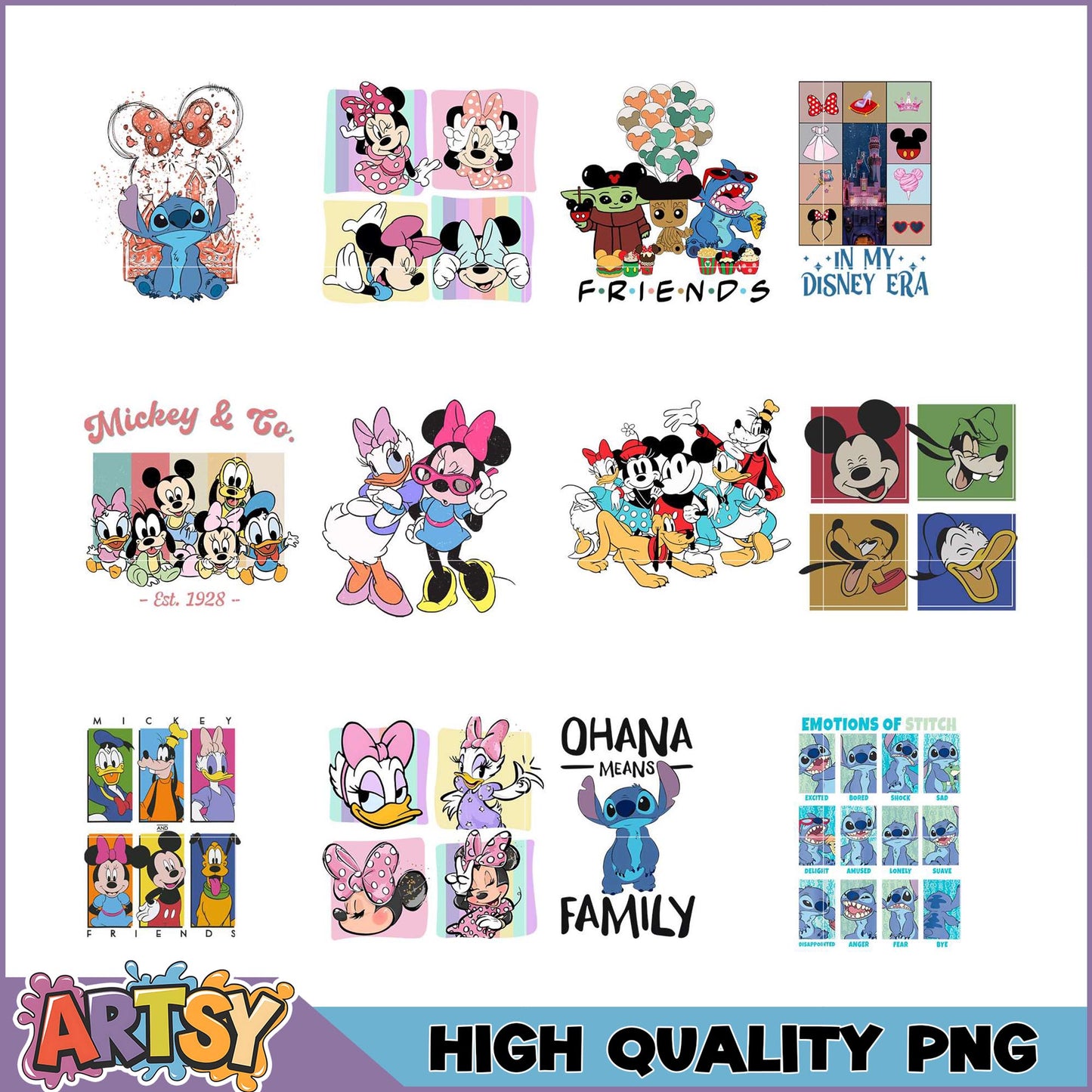 Disney Characters PNG Bundle Mickey, Minnie, Stitch