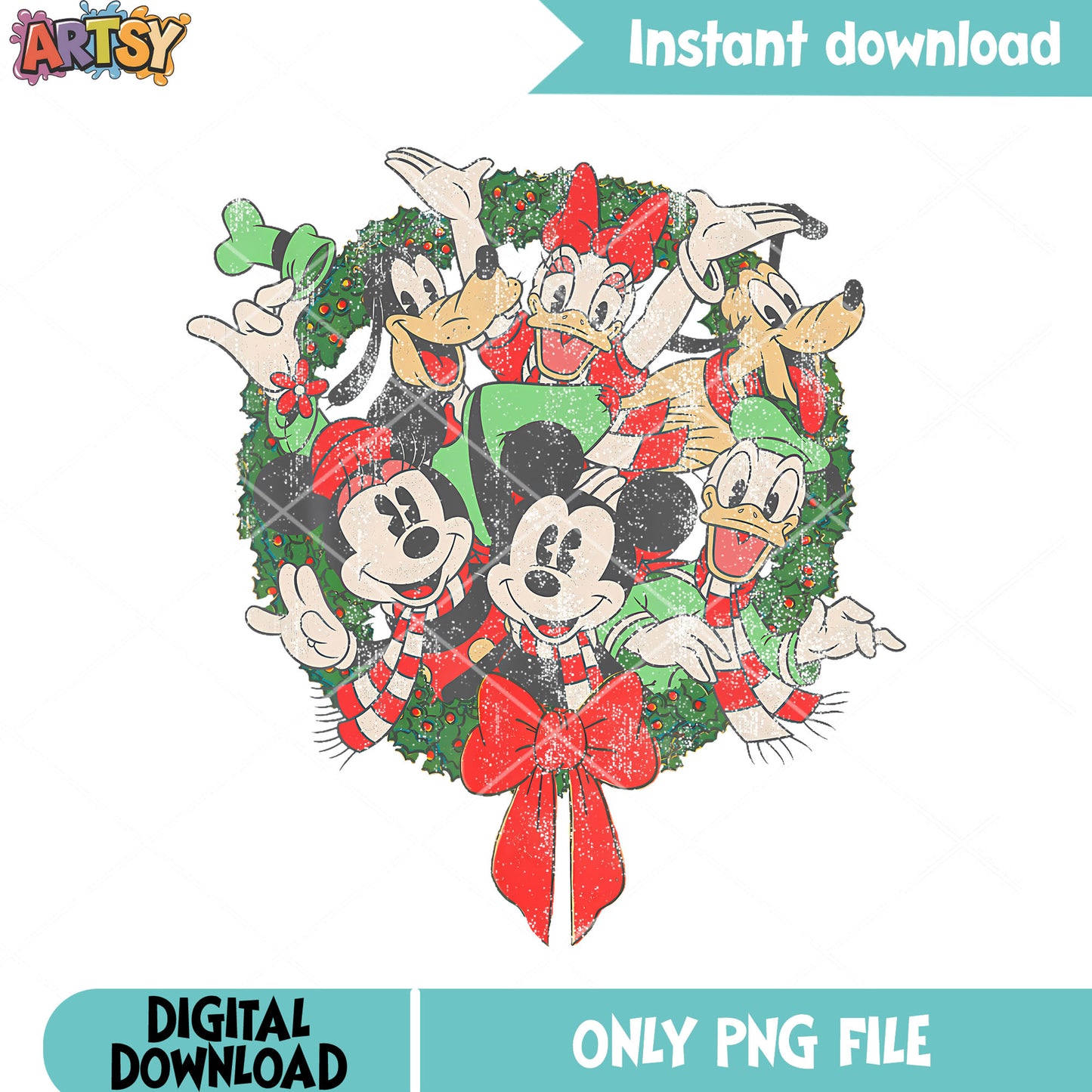 Disney Group Shot Christmas Wreath png, goofy png, mickey mouse png