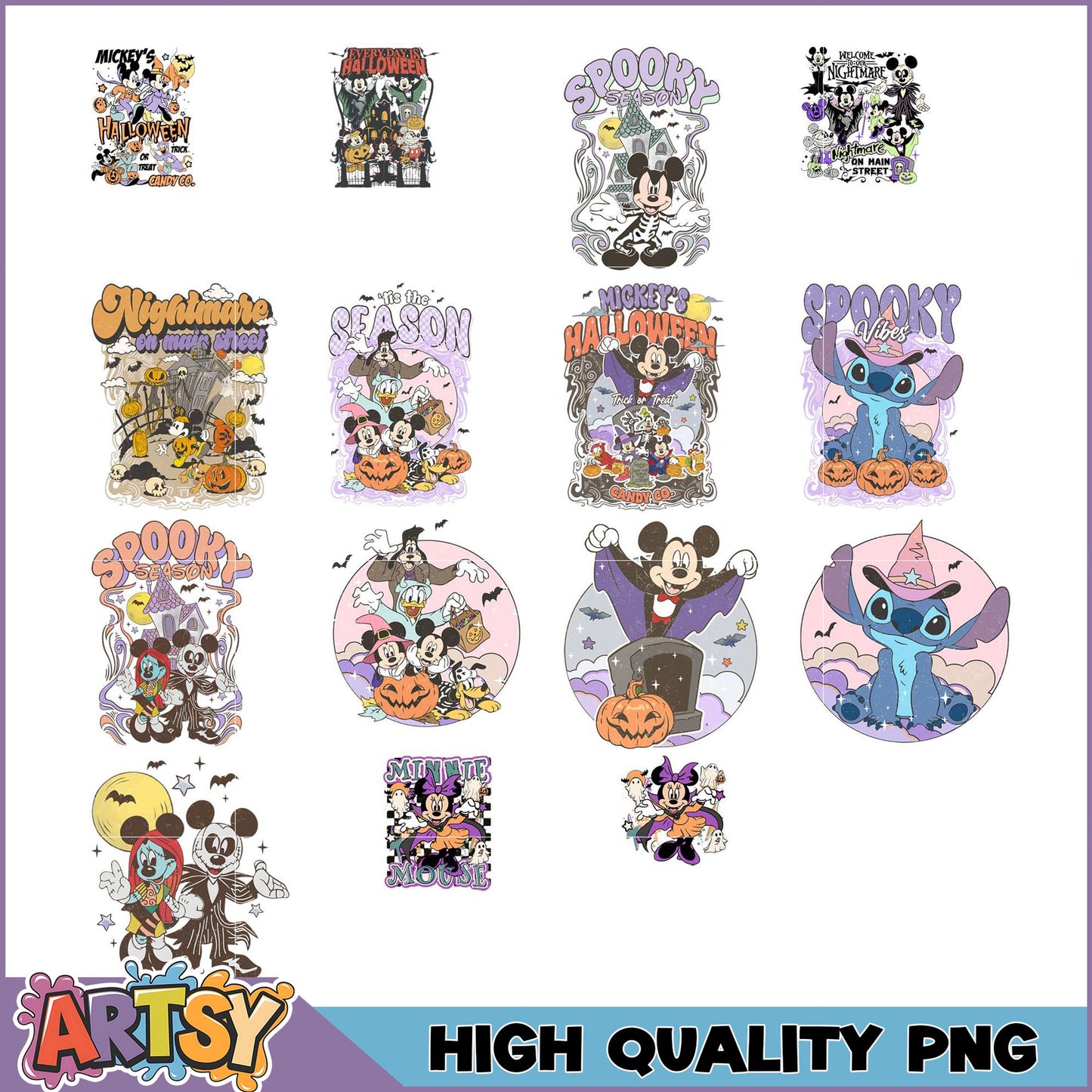 Disney Halloween PNG Bundle Mickey, Minnie, Stitch