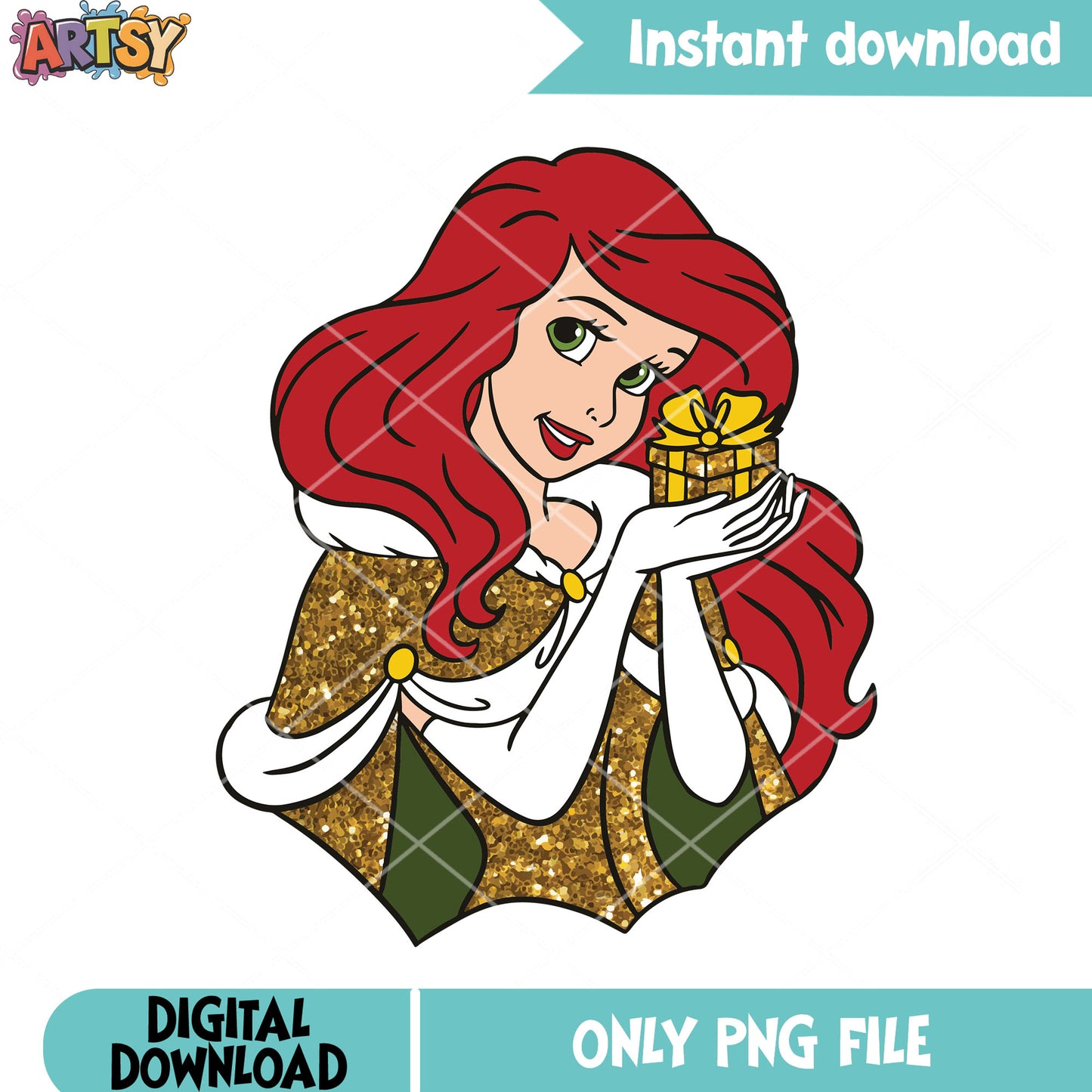 Disney ariel red hair png, gift box christmas png, red hair png