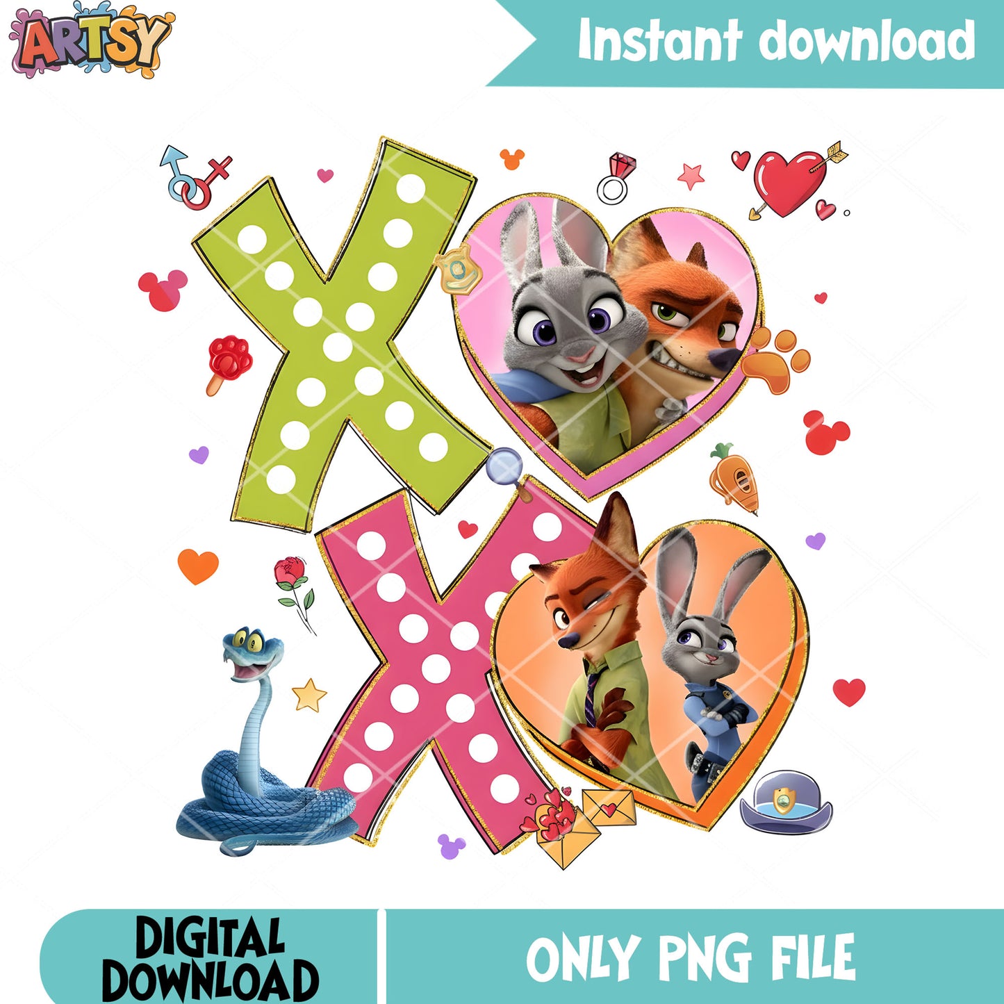 Disneyland valentine judy nick png, valentine heart png, brushstroke png