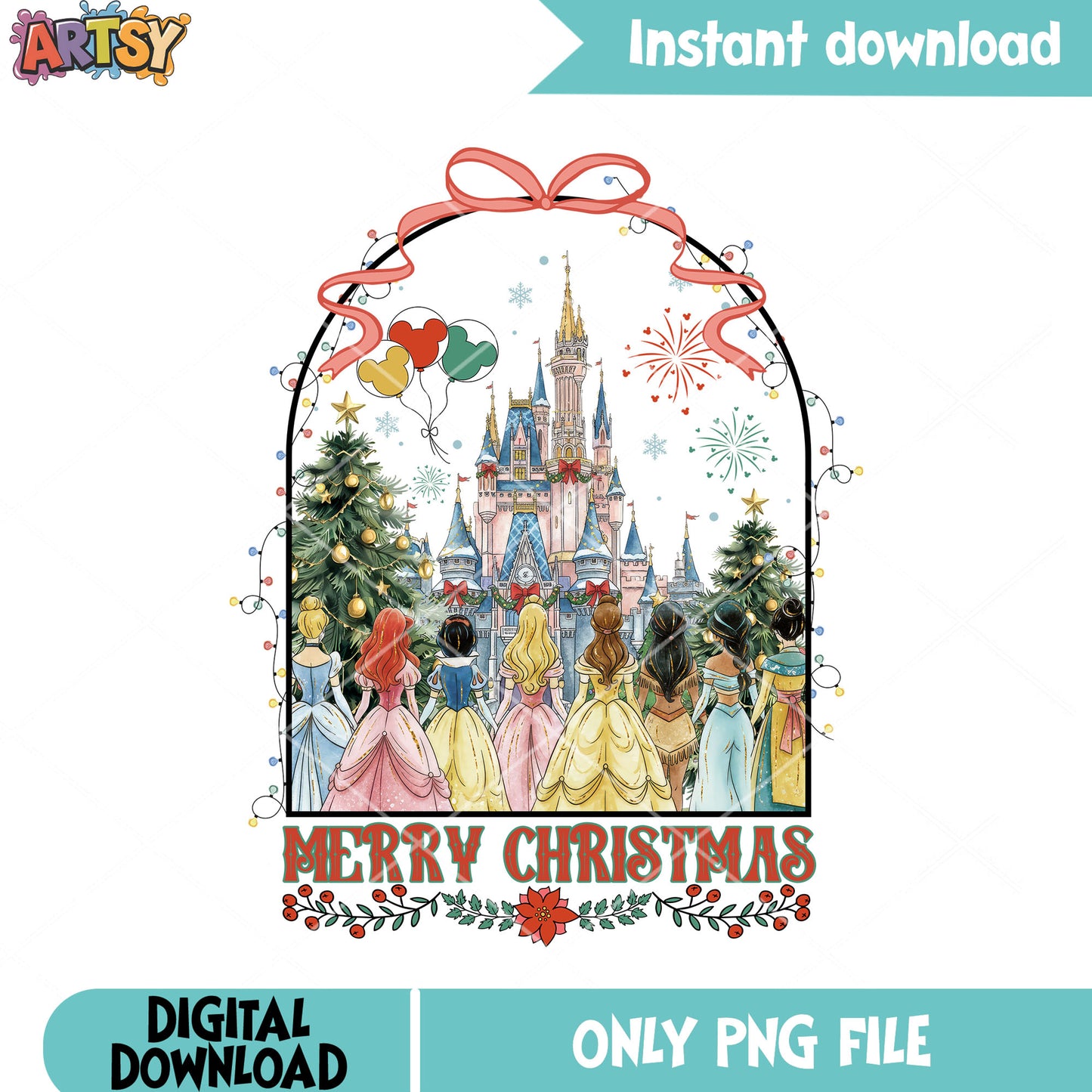 Disney pink bow castle merry png, merry christmas png, back view png