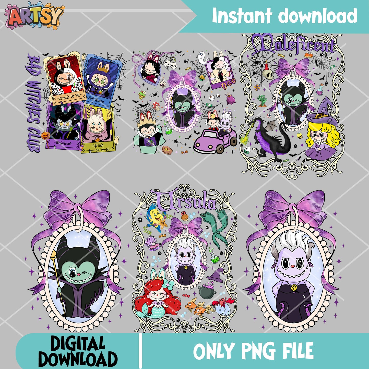 Disney villain labubu png bundle, disney halloween png, labubu clothers png