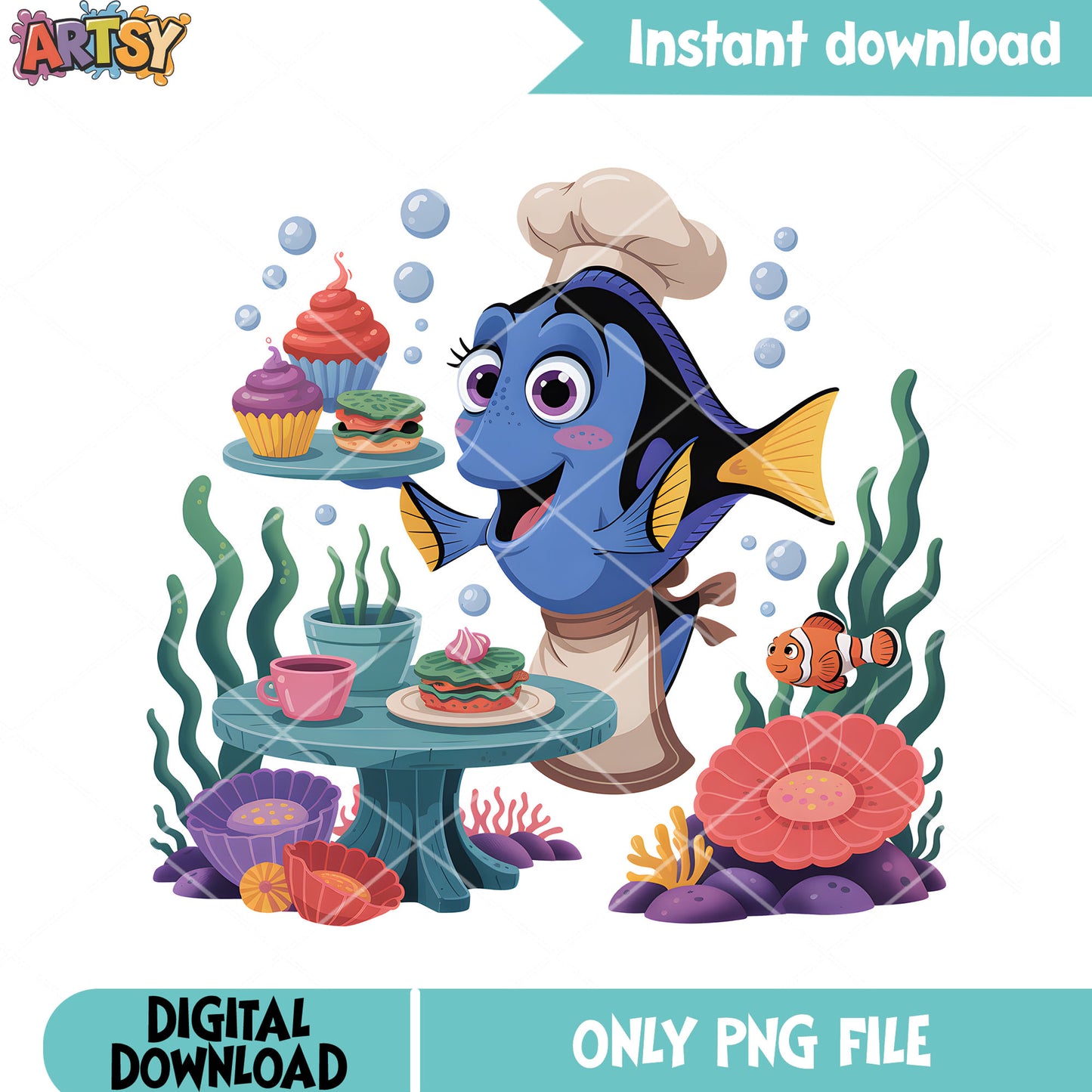 Dory make afternoon tea png, disney vibes png, finding dory png
