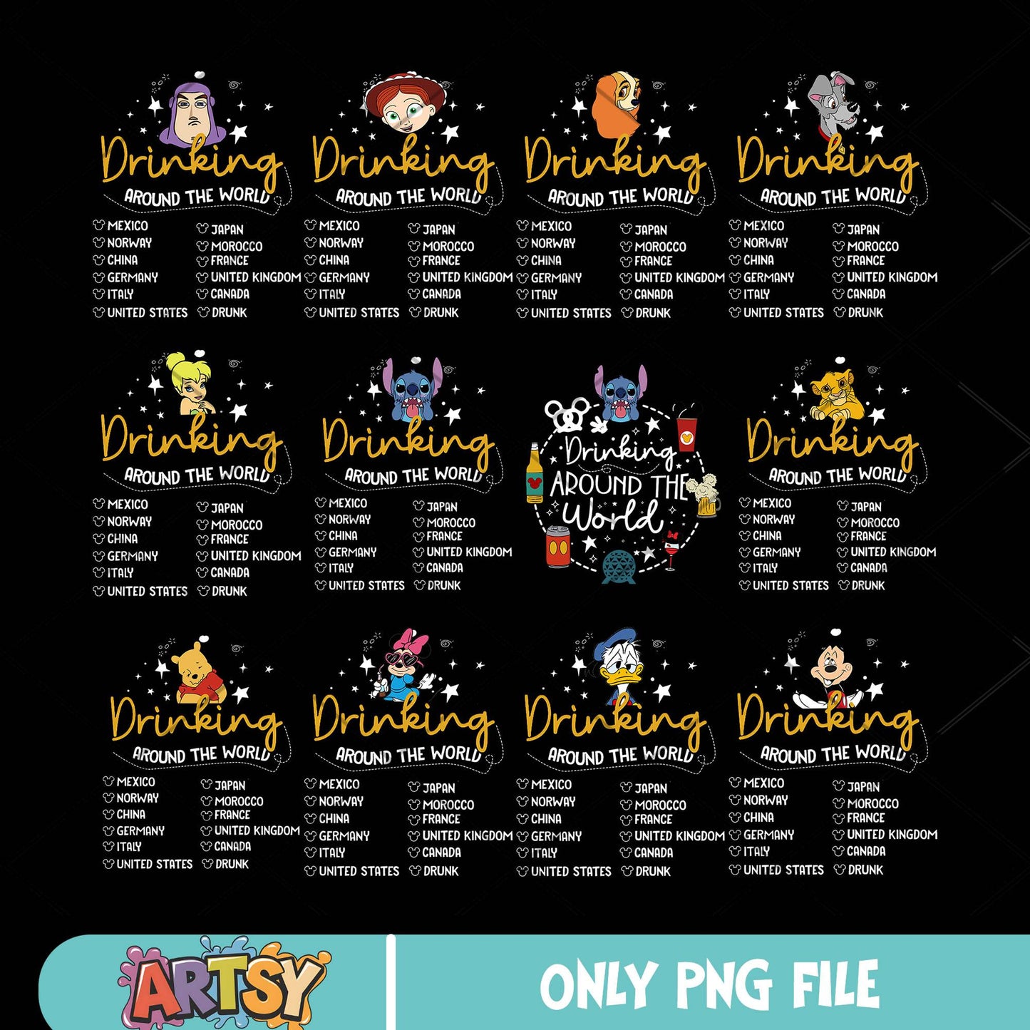Drinking around world disney png bundle, disney world png, mickey friends png