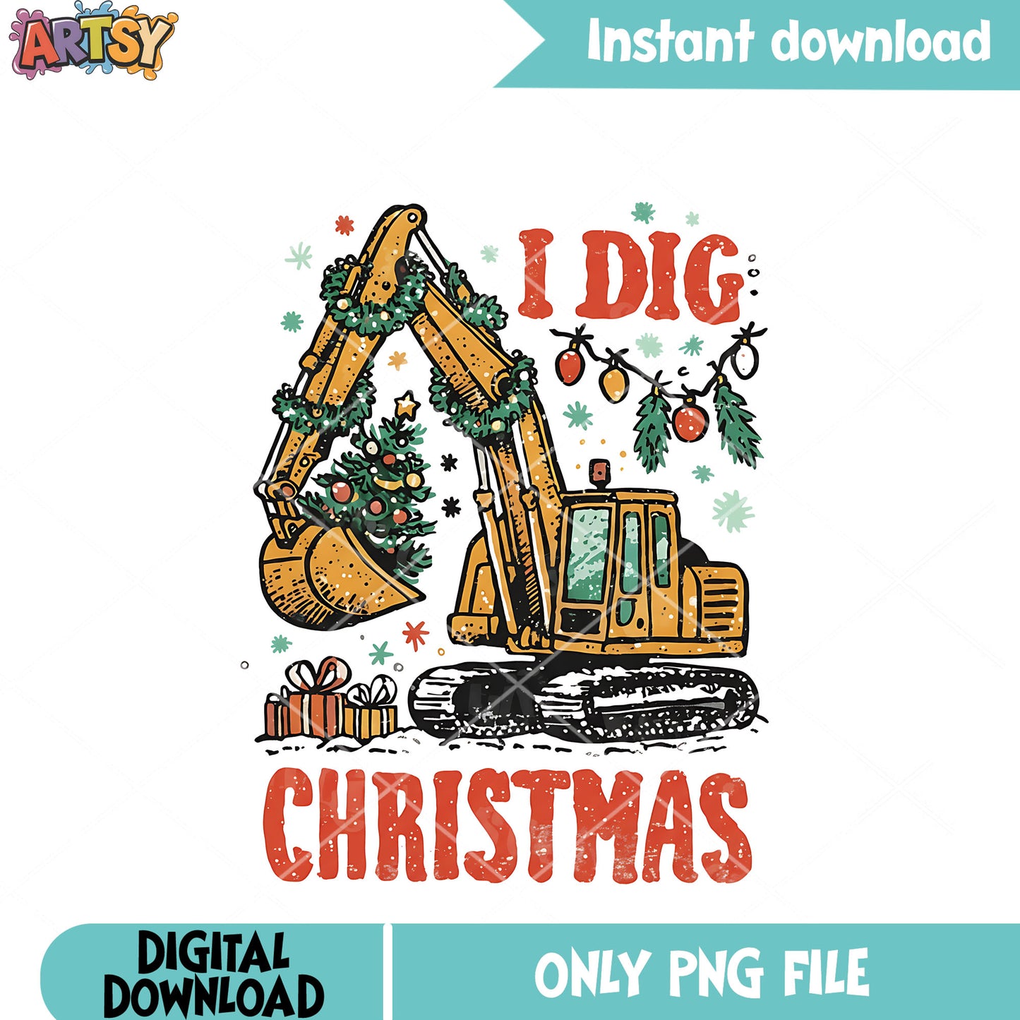 Excavator dig christmas tree png, christmas gifts png, xmas png