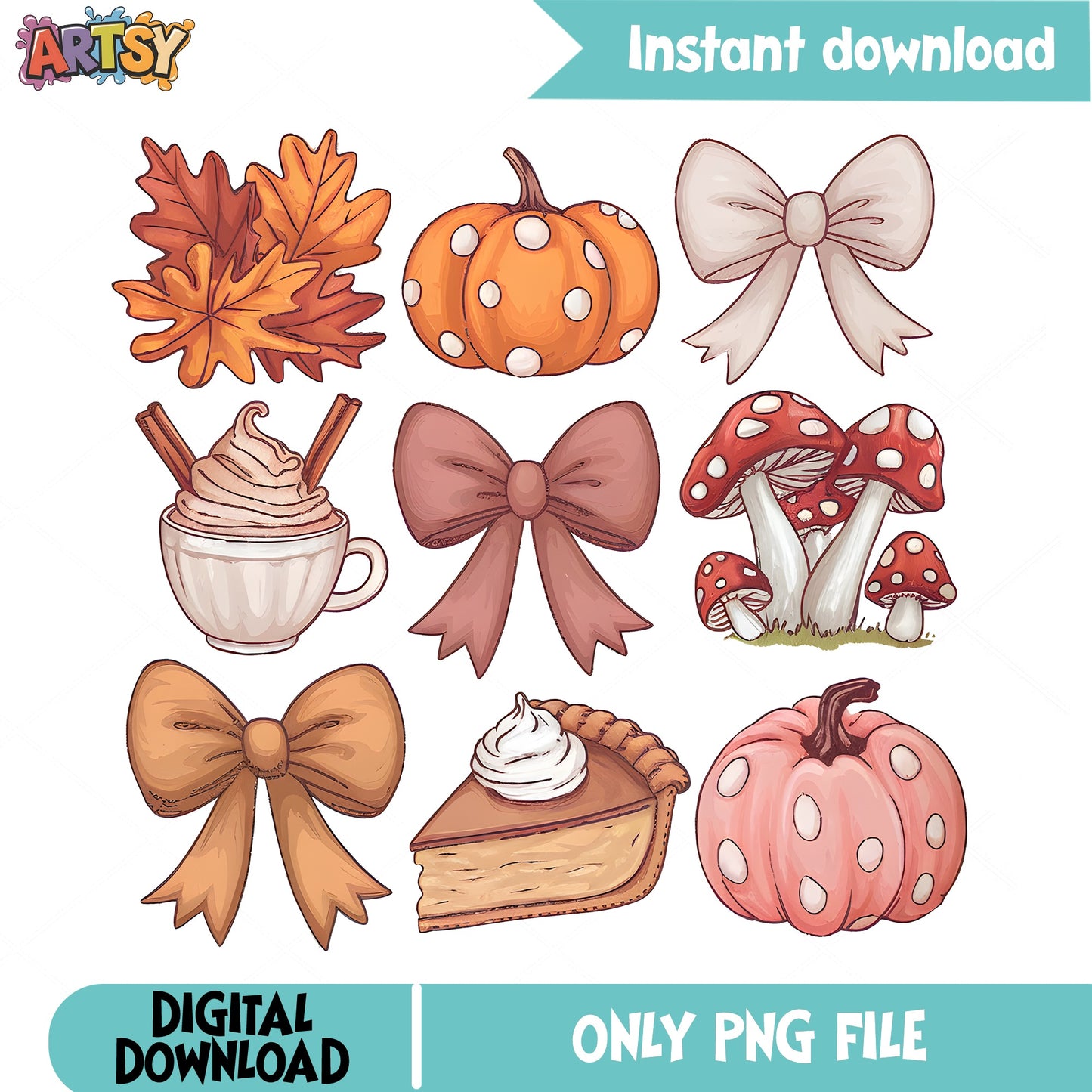 Fall Autumn Clipart PNG Bundle, Pumpkin Bow Mushroom PNG, Thanksgiving PNG