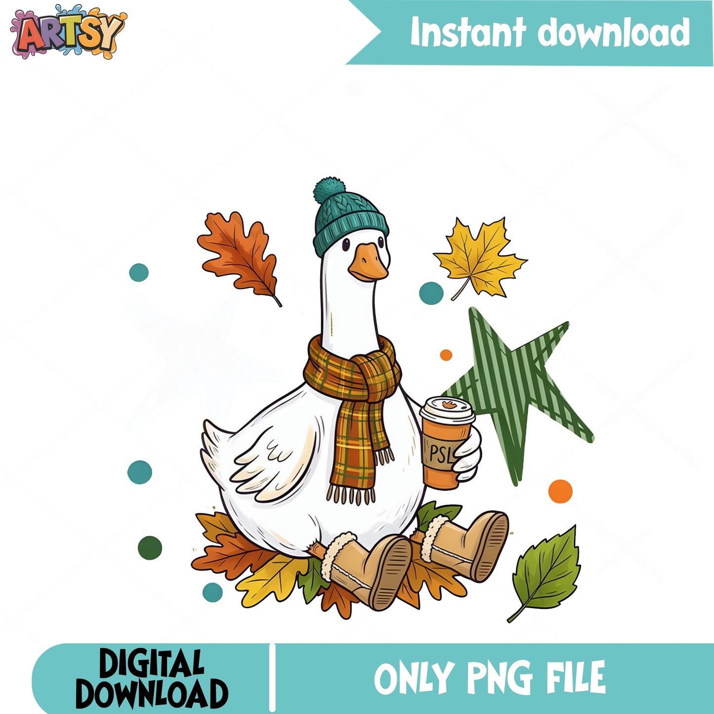 Fall Goose With Pumpkin Spice Latte PNG, Autumn Duck PNG, Fall PNG