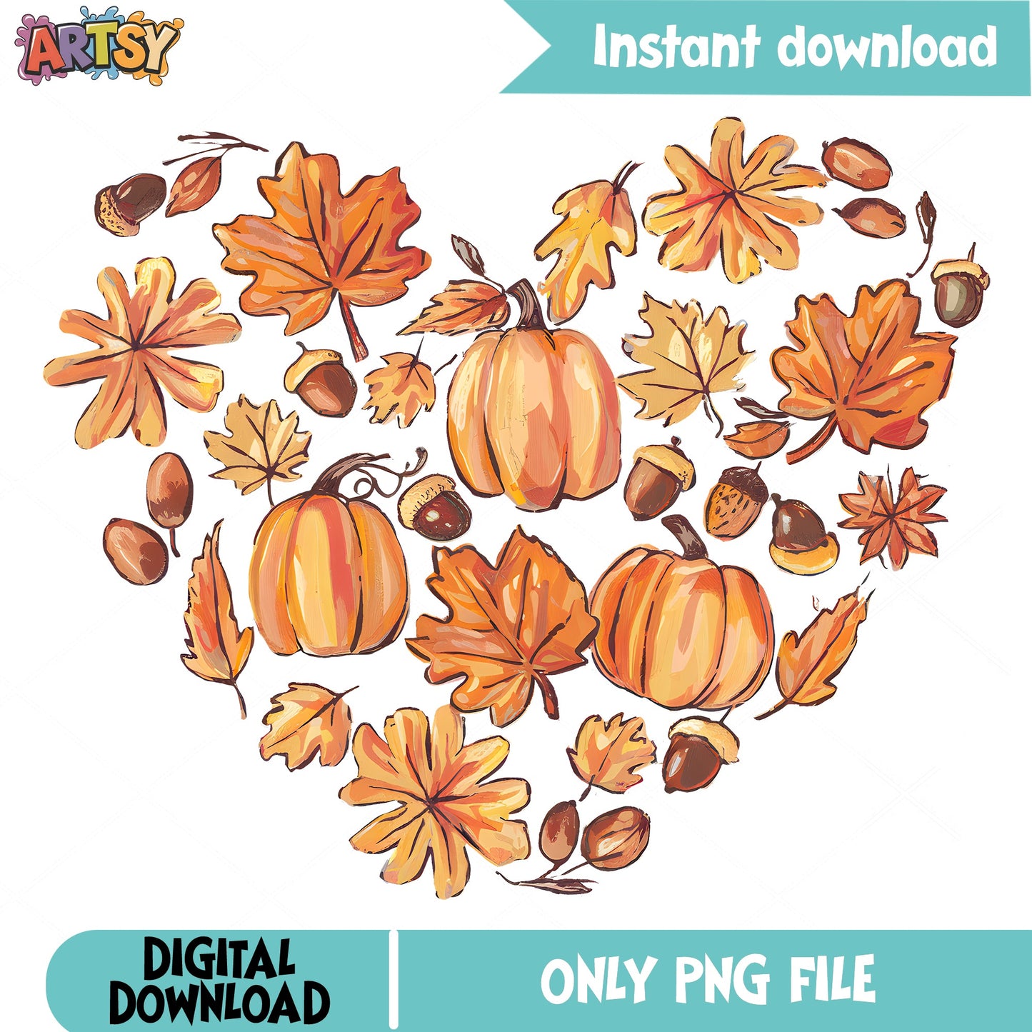 Fall Heart PNG, Pumpkin Autumn Leaves Clipart, Thanksgiving PNG