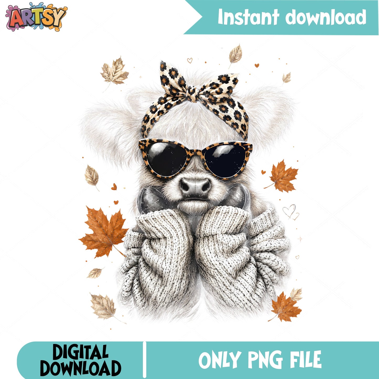 Fall Highland Cow PNG, Leopard Bandana Cow, Autumn Cow PNG