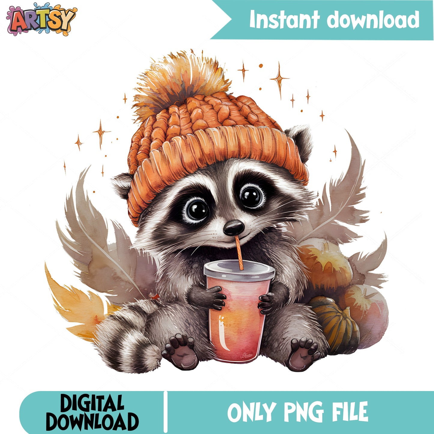 Fall Raccoon With Coffee PNG, Cute Raccoon PNG, Autumn PNG