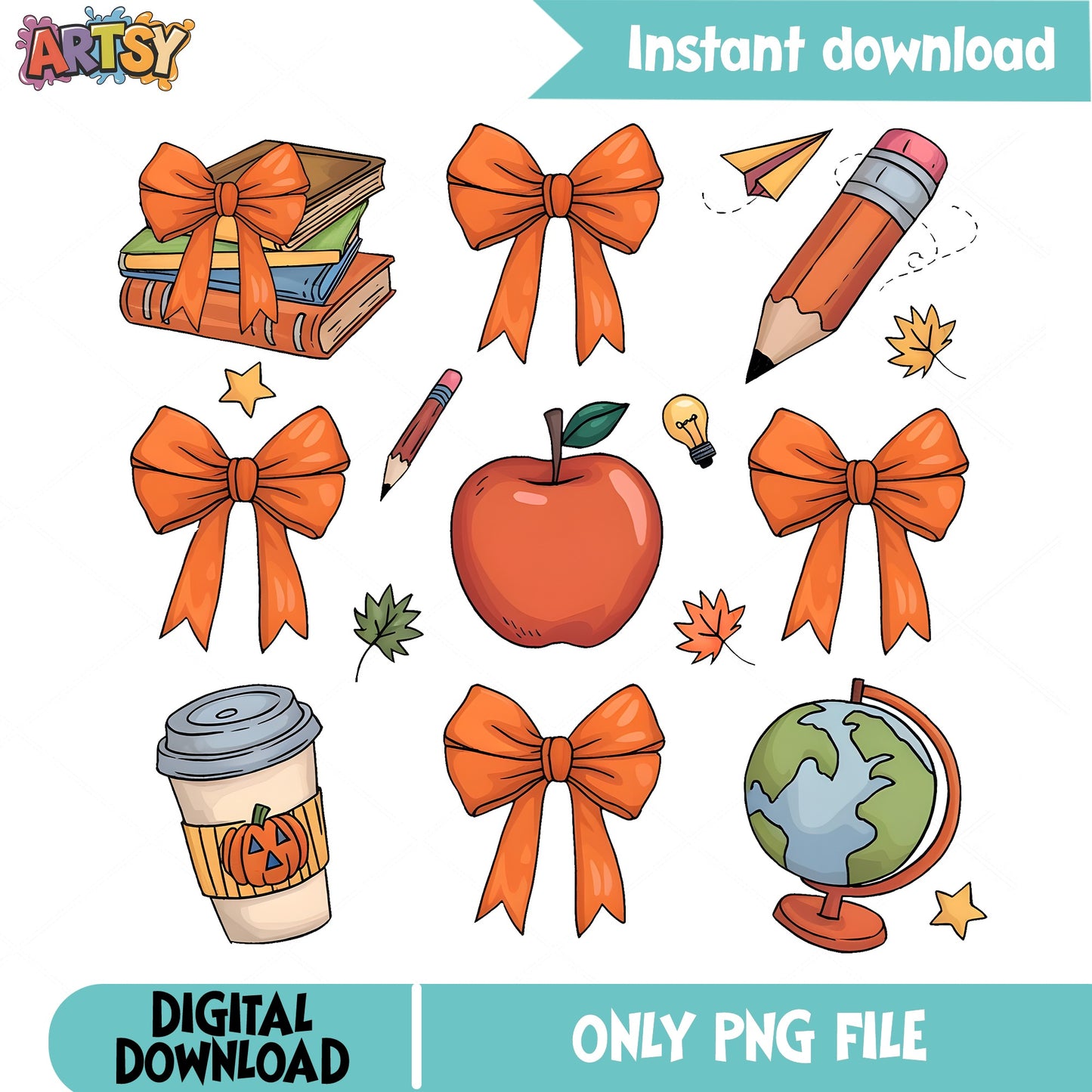 Fall Teacher Clipart PNG Bundle, Back To School PNG, Bow PNG