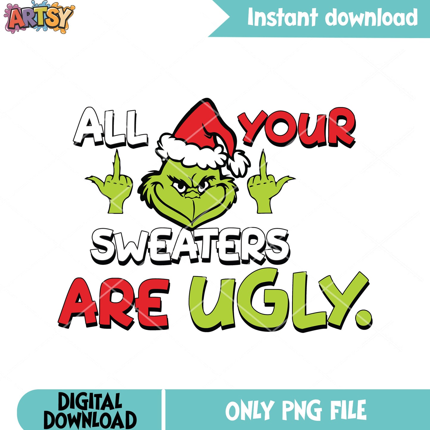 Fcking middle finger png, christmas sweater png, the grinch png