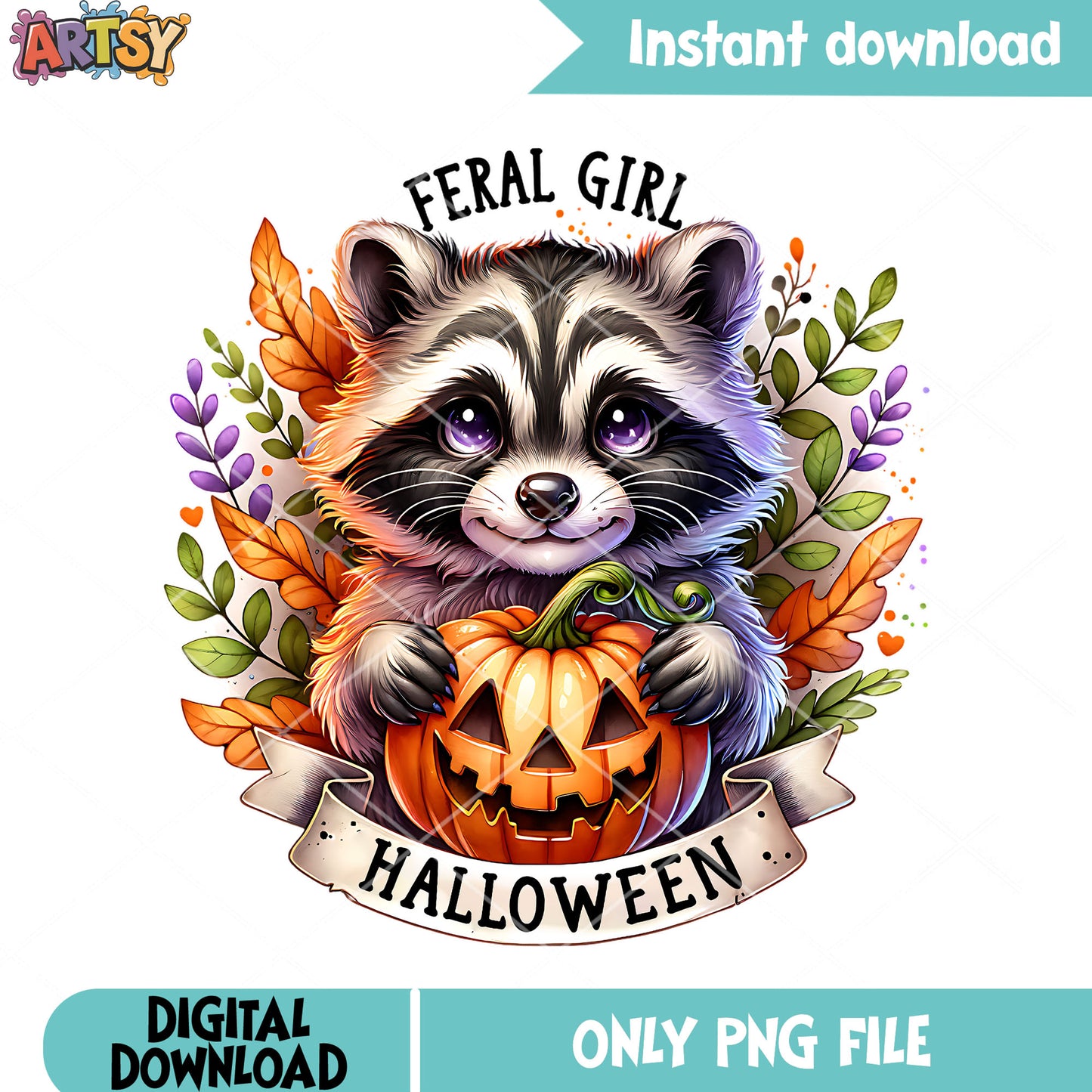 Feral girl racoon png, wicker pumpkin png, halloween scary png