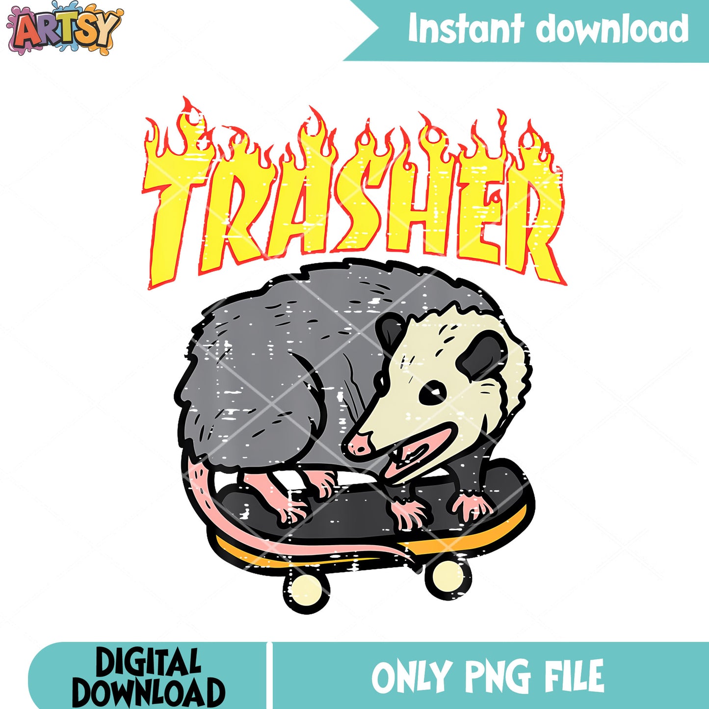 Fire trasher opossum png, t shirt art png, skateboard png