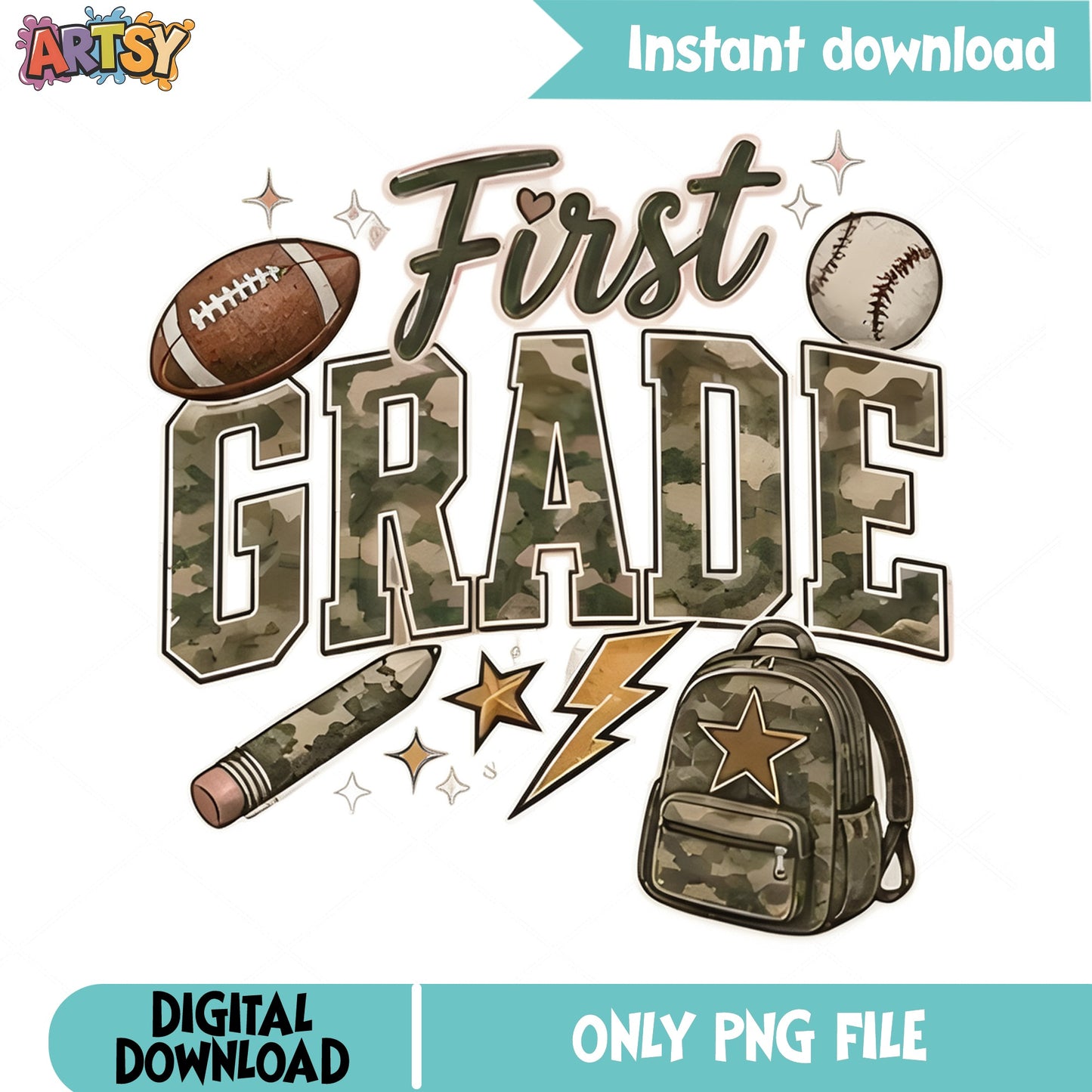 First Grade Camo PNG, Back To School PNG, Boy School PNG