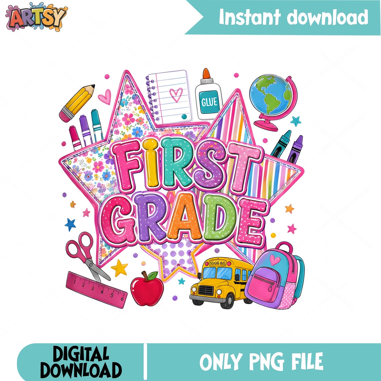 First Grade PNG Back To School, School Supplies PNG, 1st Grade PNG
