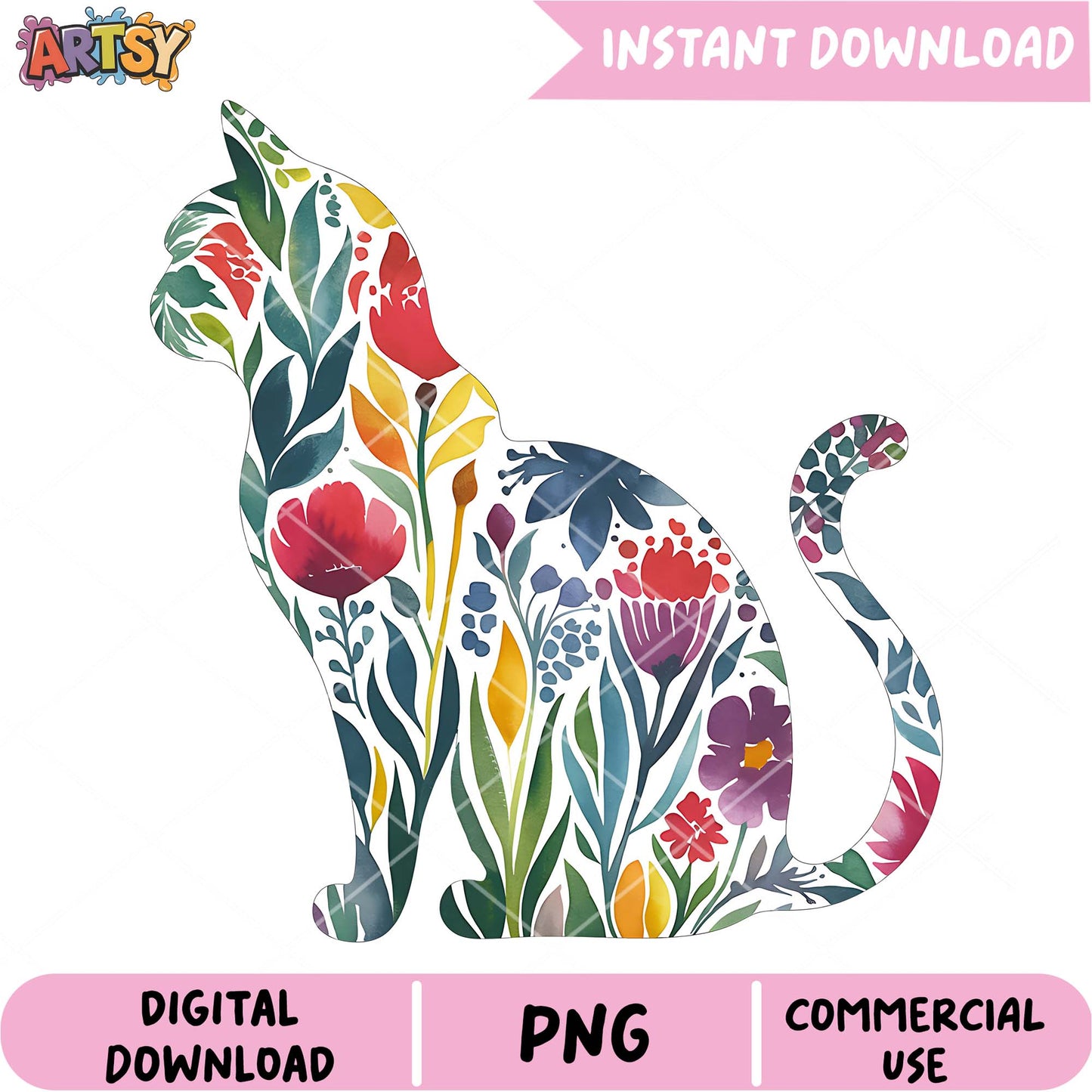 Floral Cat PNG Instant Download